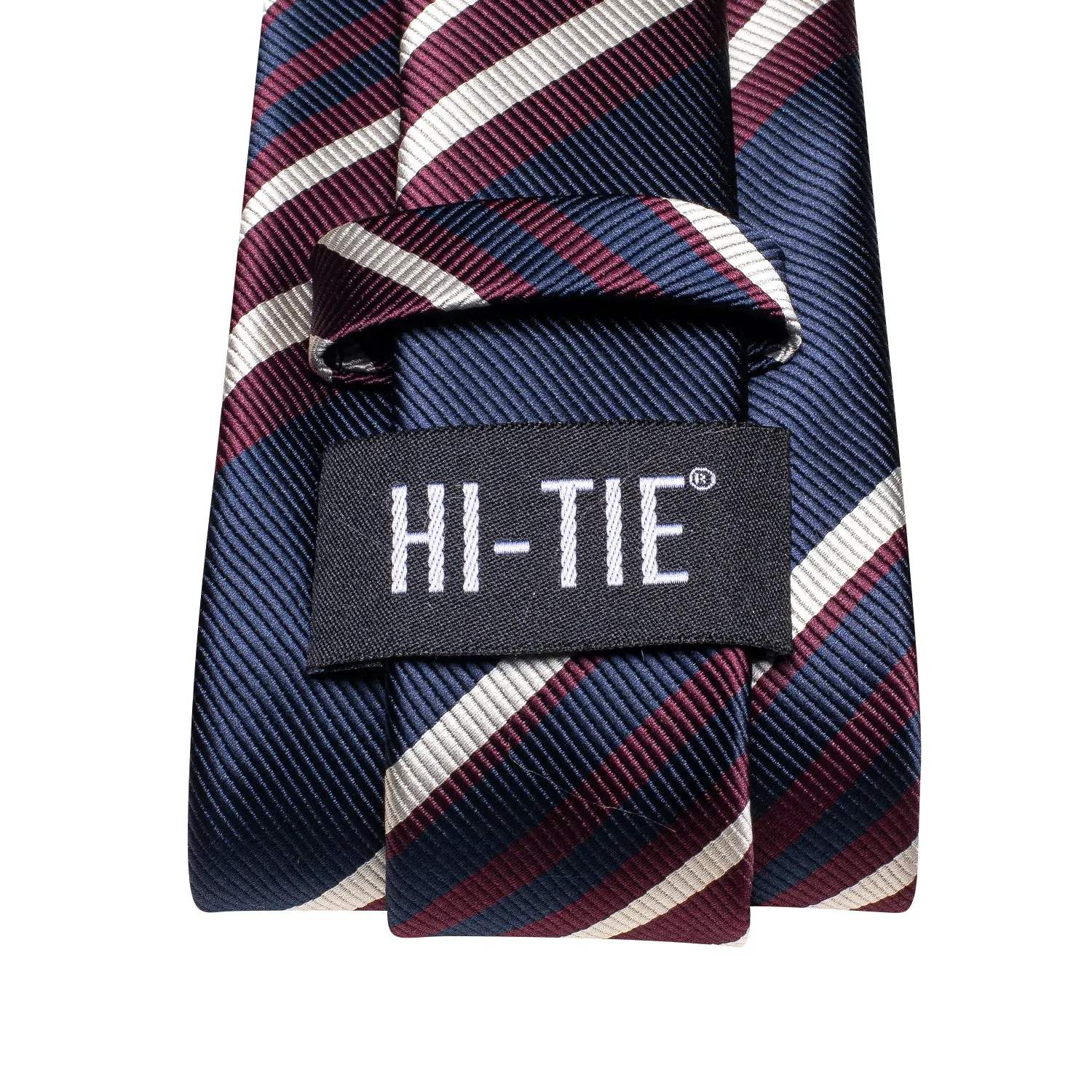 Hi-Tie Blue Red Beige Striped Silk Tie Pocket Square Cufflinks Set