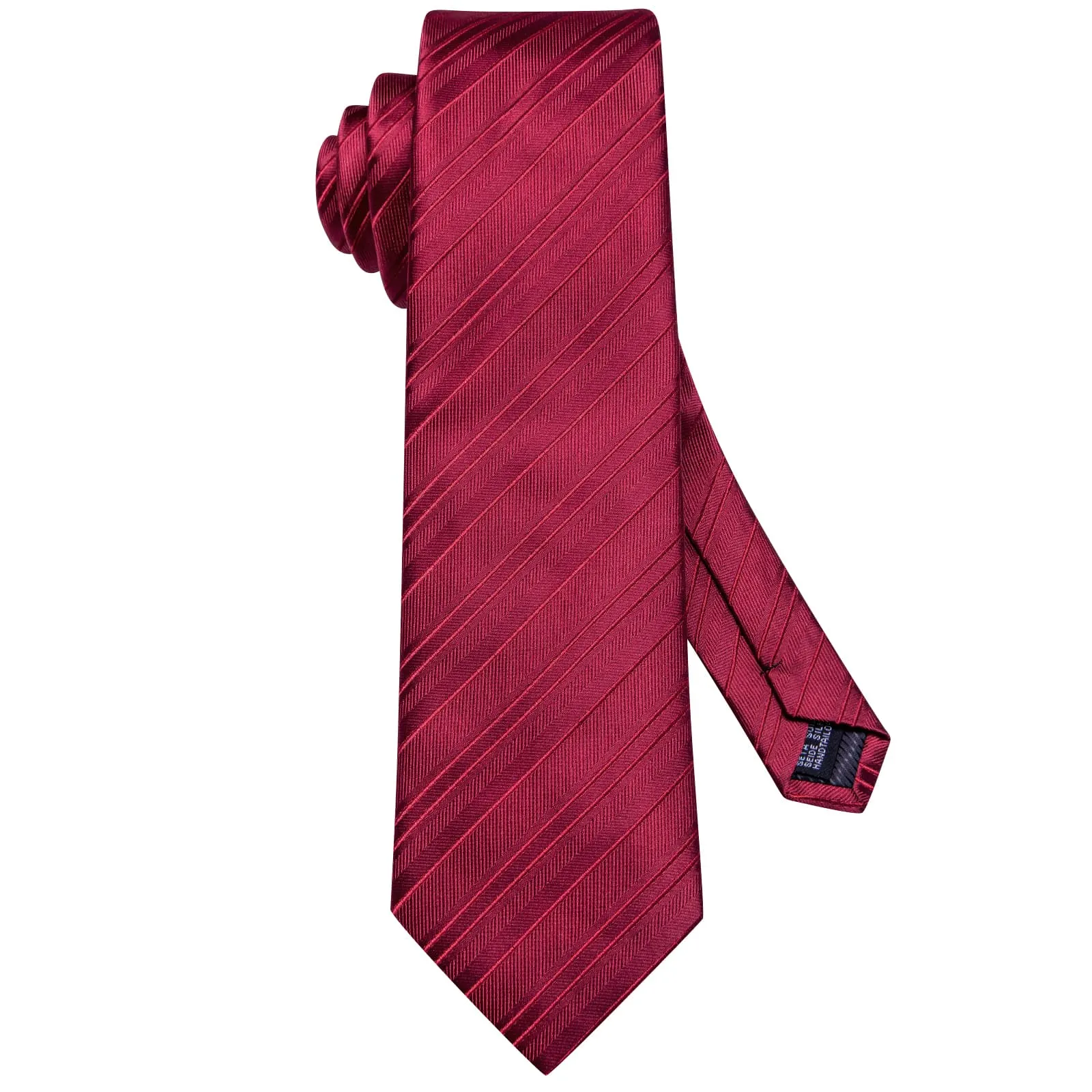 Hi-Tie Burgundy Red Striped Silk Mens Tie Handkerchief Cufflinks Set