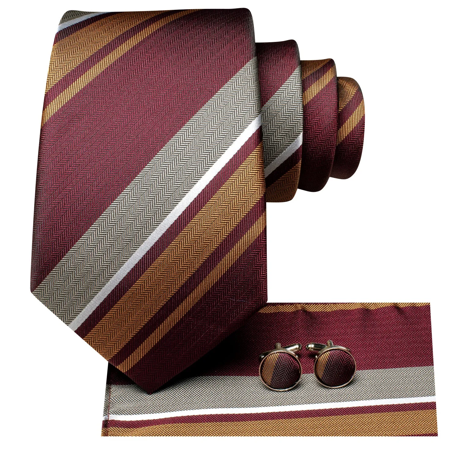 Hi-Tie Burgundy Tie Golden Ivory Silk Tie Pocket Square Cufflinks Set