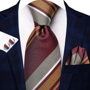 Hi-Tie Burgundy Tie Golden Ivory Silk Tie Pocket Square Cufflinks Set