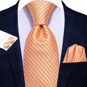 Hi-Tie Burnt Orange Striped Silk Necktie Pocket Square Cufflinks Set