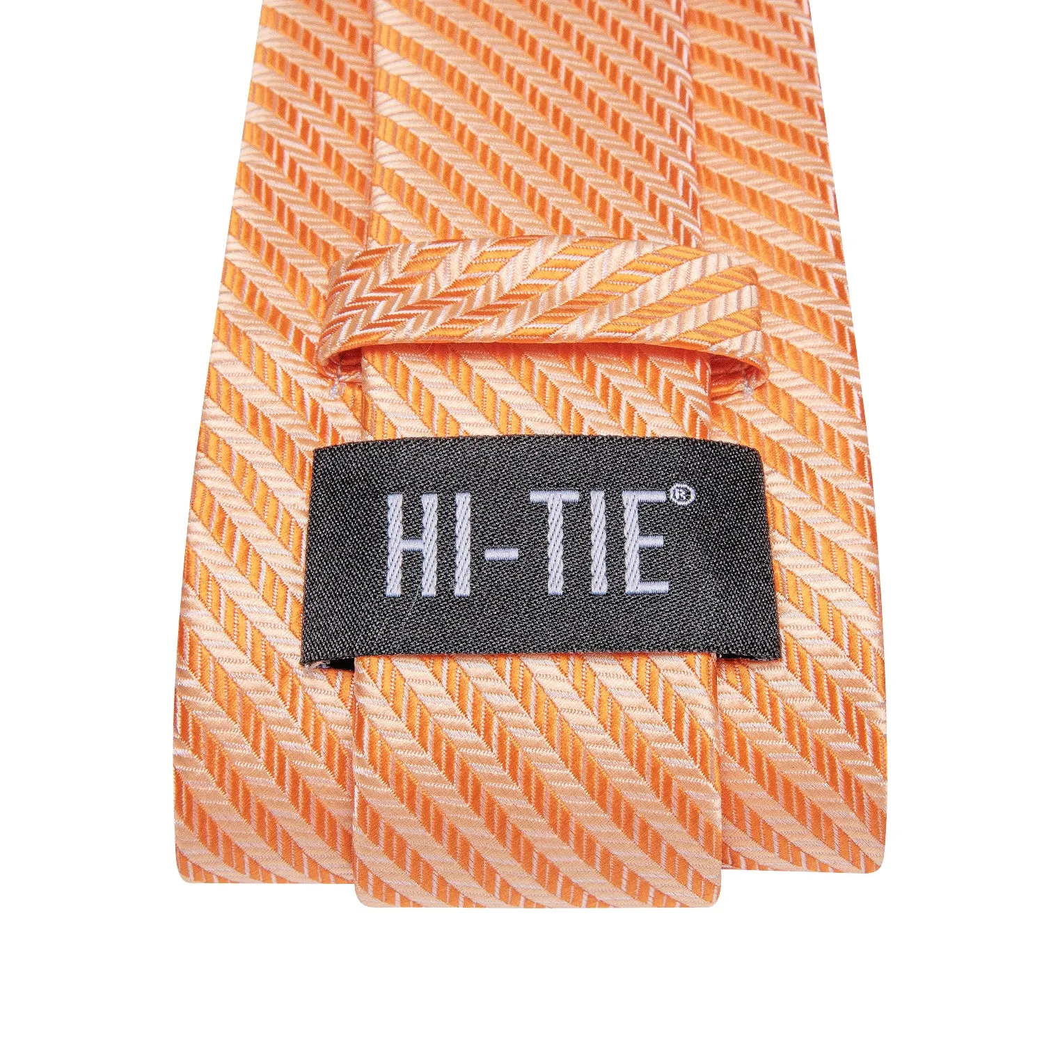 Hi-Tie Burnt Orange Striped Silk Necktie Pocket Square Cufflinks Set