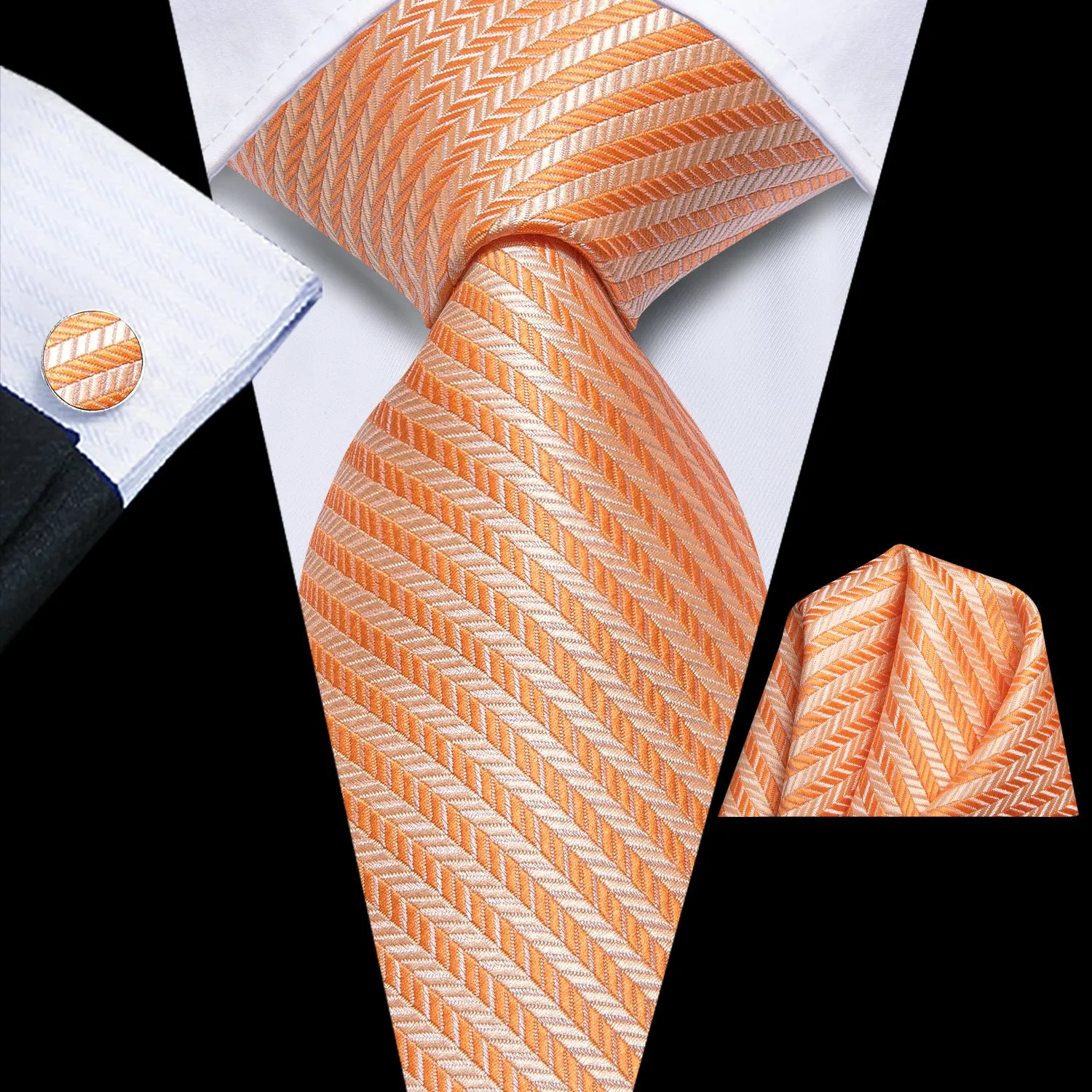 Hi-Tie Burnt Orange Striped Silk Necktie Pocket Square Cufflinks Set