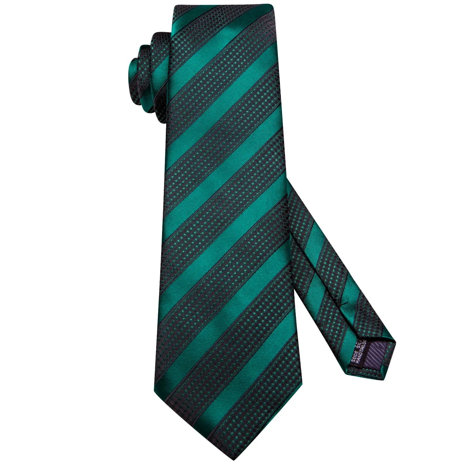 Hi-Tie Deep Green Black Striped Silk Men's Necktie Pocket Square Cufflinks Set