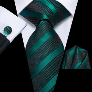 Hi-Tie Deep Green Black Striped Silk Men's Necktie Pocket Square Cufflinks Set