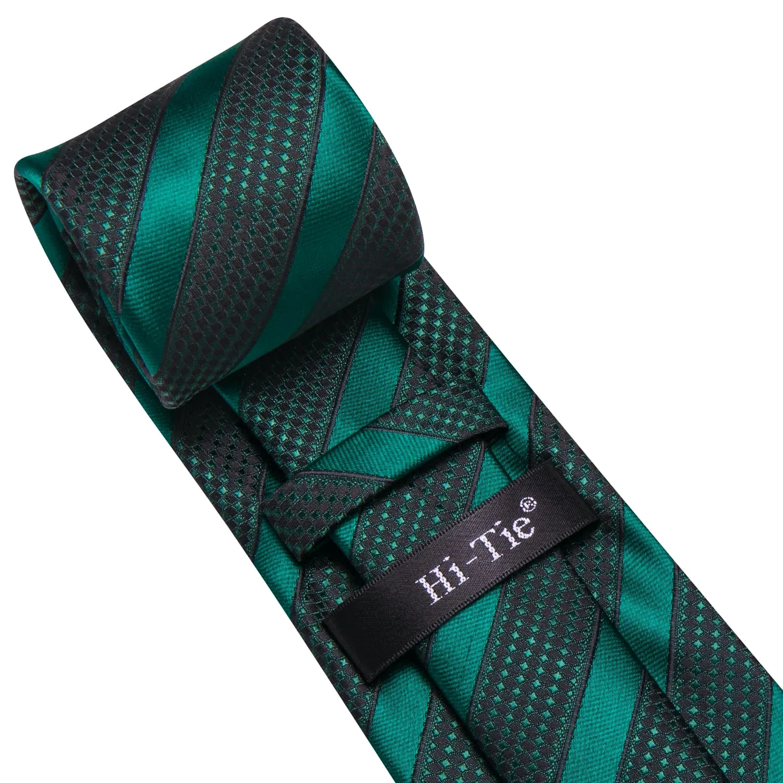 Hi-Tie Deep Green Black Striped Silk Men's Necktie Pocket Square Cufflinks Set