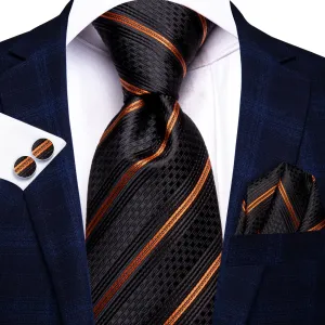 Hi-Tie Men's Black Tie Gold Striped Tie Pocket Square Cufflinks Set