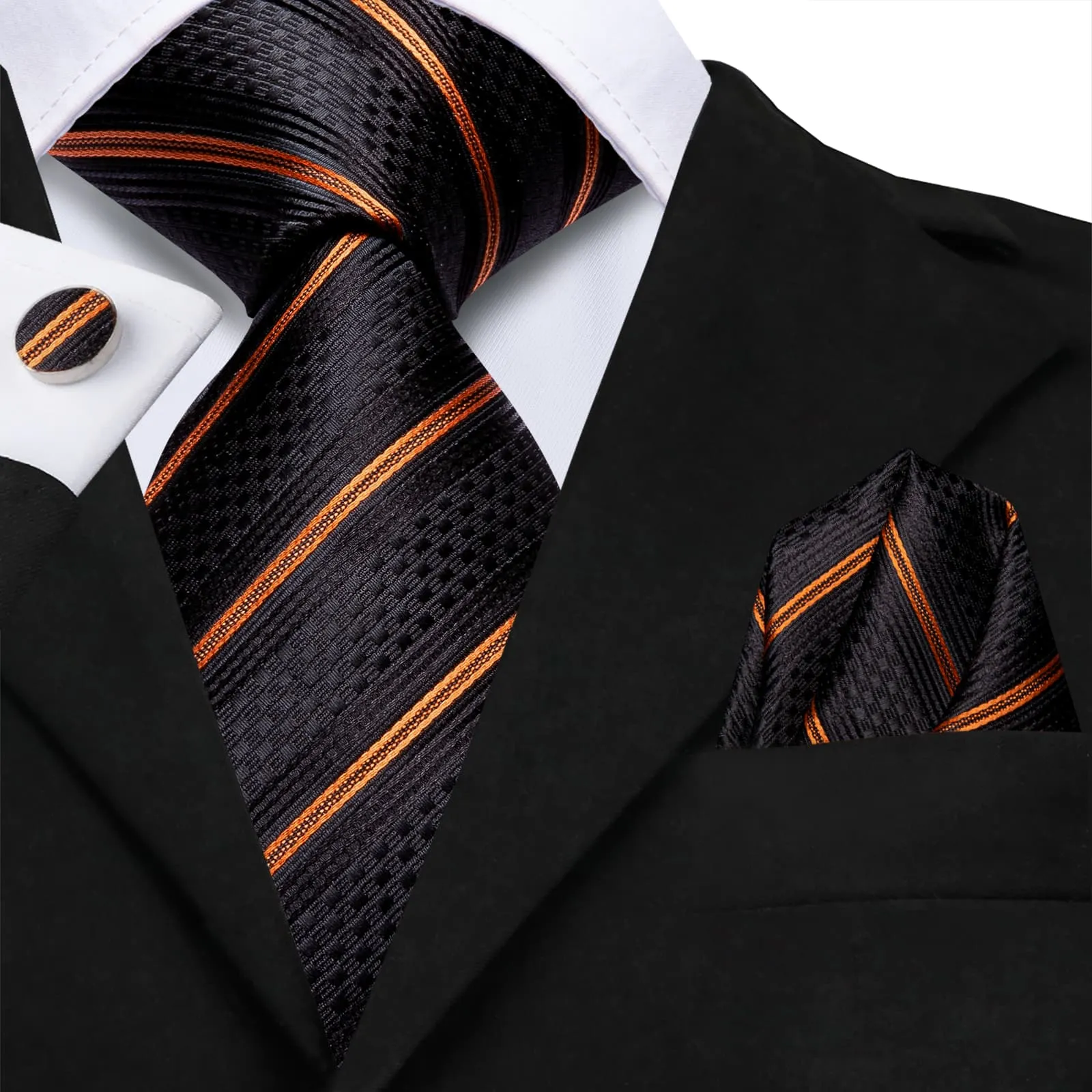 Hi-Tie Men's Black Tie Gold Striped Tie Pocket Square Cufflinks Set