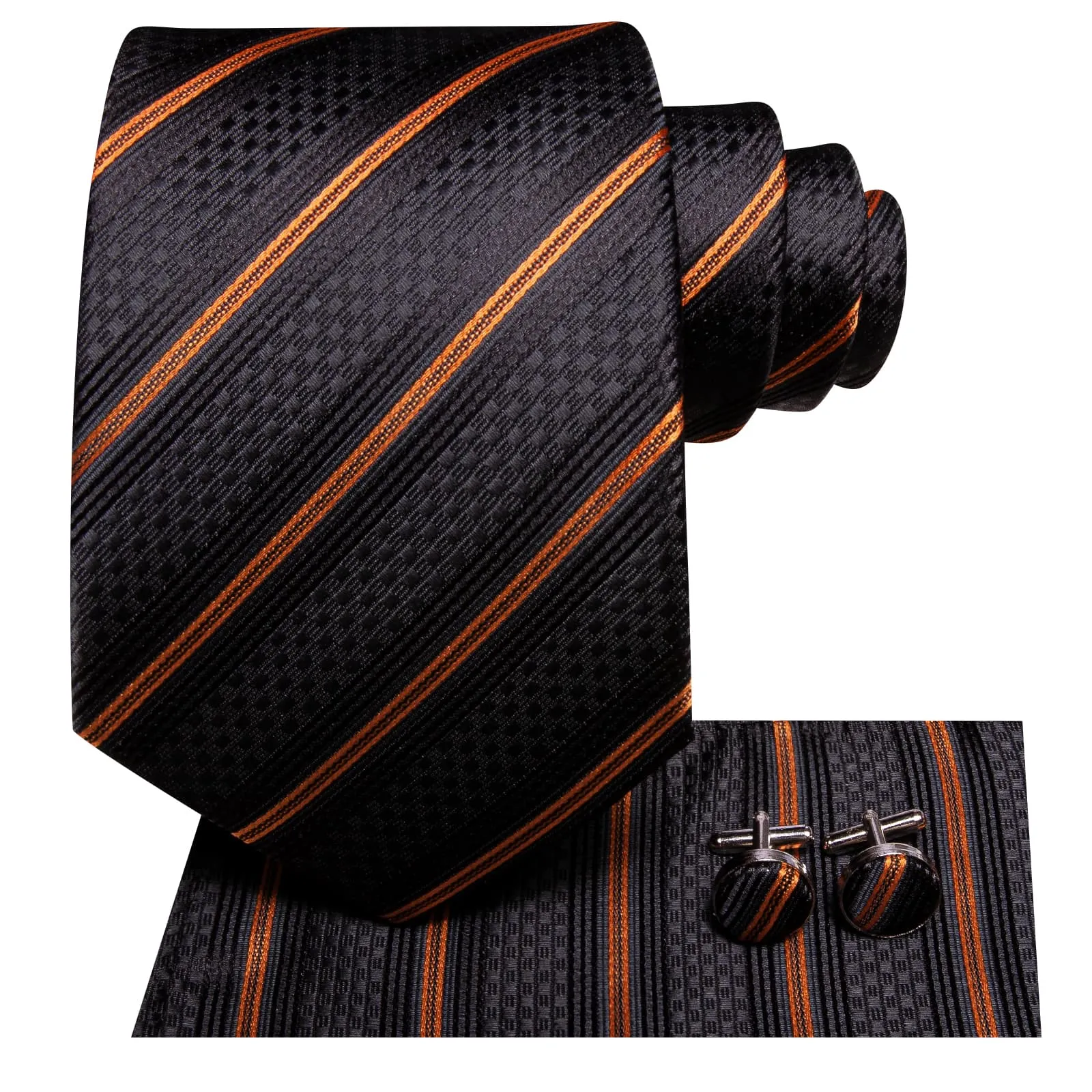 Hi-Tie Men's Black Tie Gold Striped Tie Pocket Square Cufflinks Set