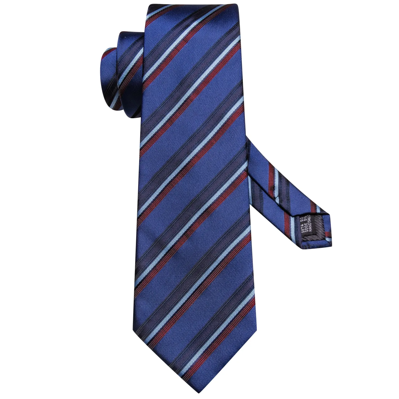 Hi-Tie Necktie Yale Blue Jacquard Red Stripes Tie Hanky Cufflinks Set