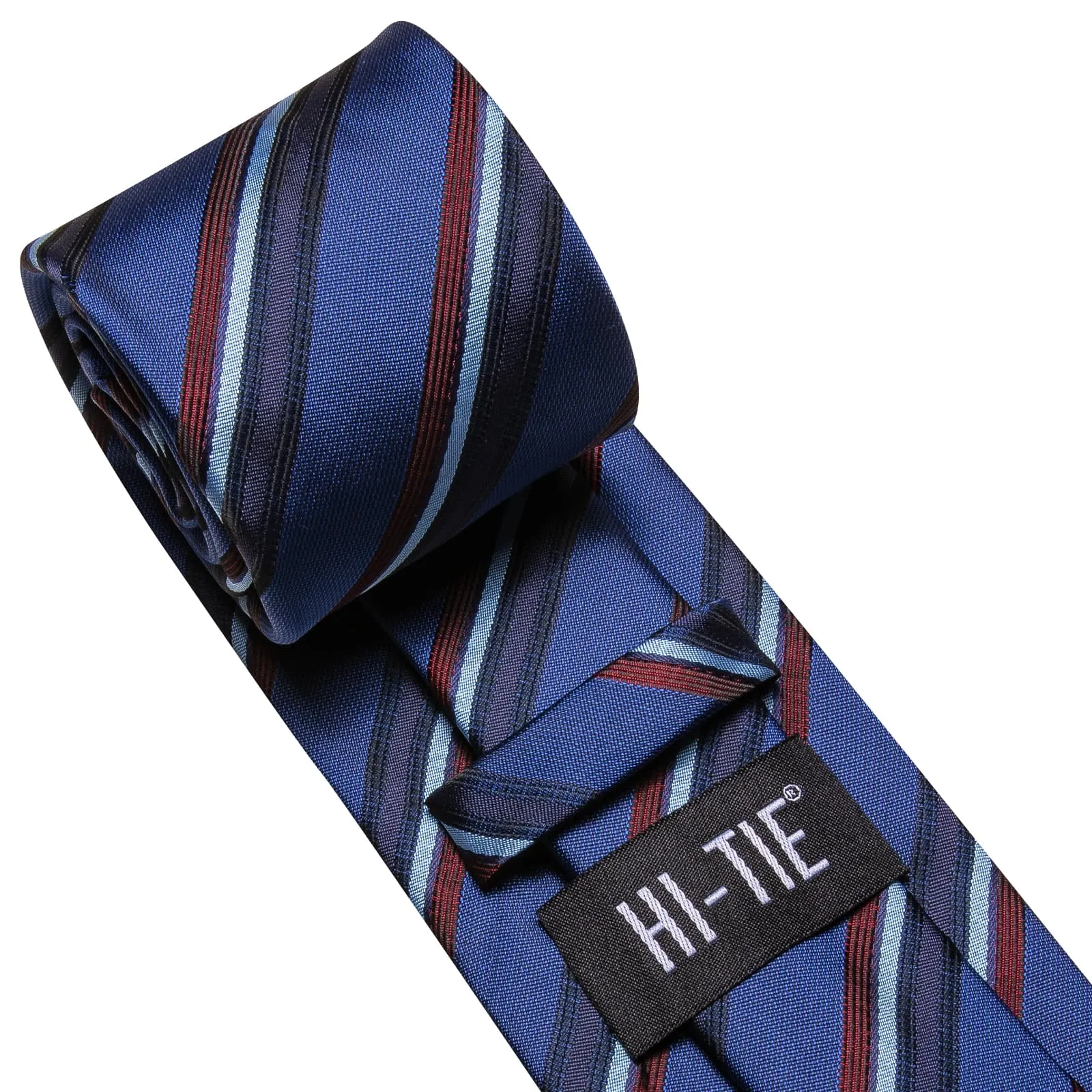 Hi-Tie Necktie Yale Blue Jacquard Red Stripes Tie Hanky Cufflinks Set