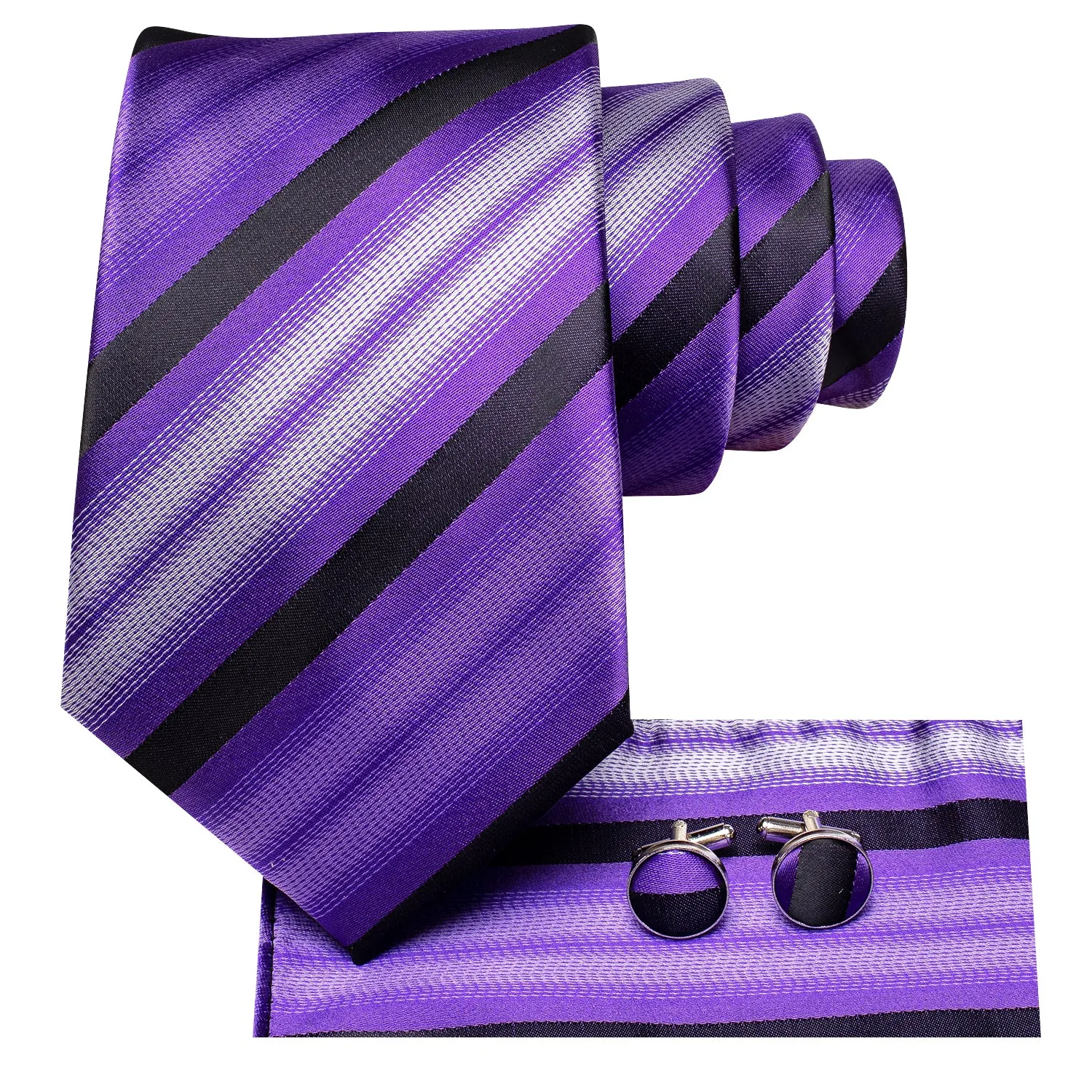 Hi-Tie Purple Black White Striped Necktie Pocket Square Cufflinks Set