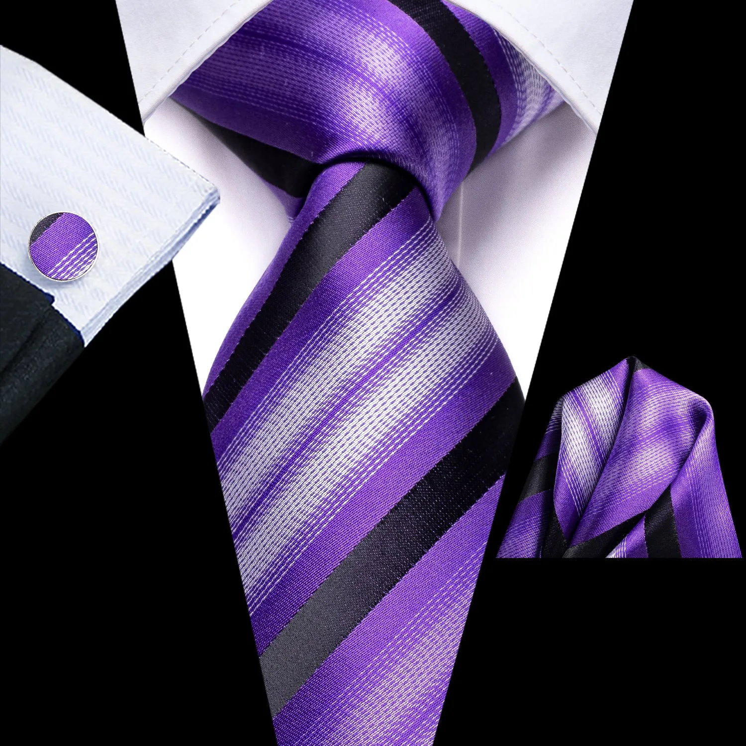 Hi-Tie Purple Black White Striped Necktie Pocket Square Cufflinks Set