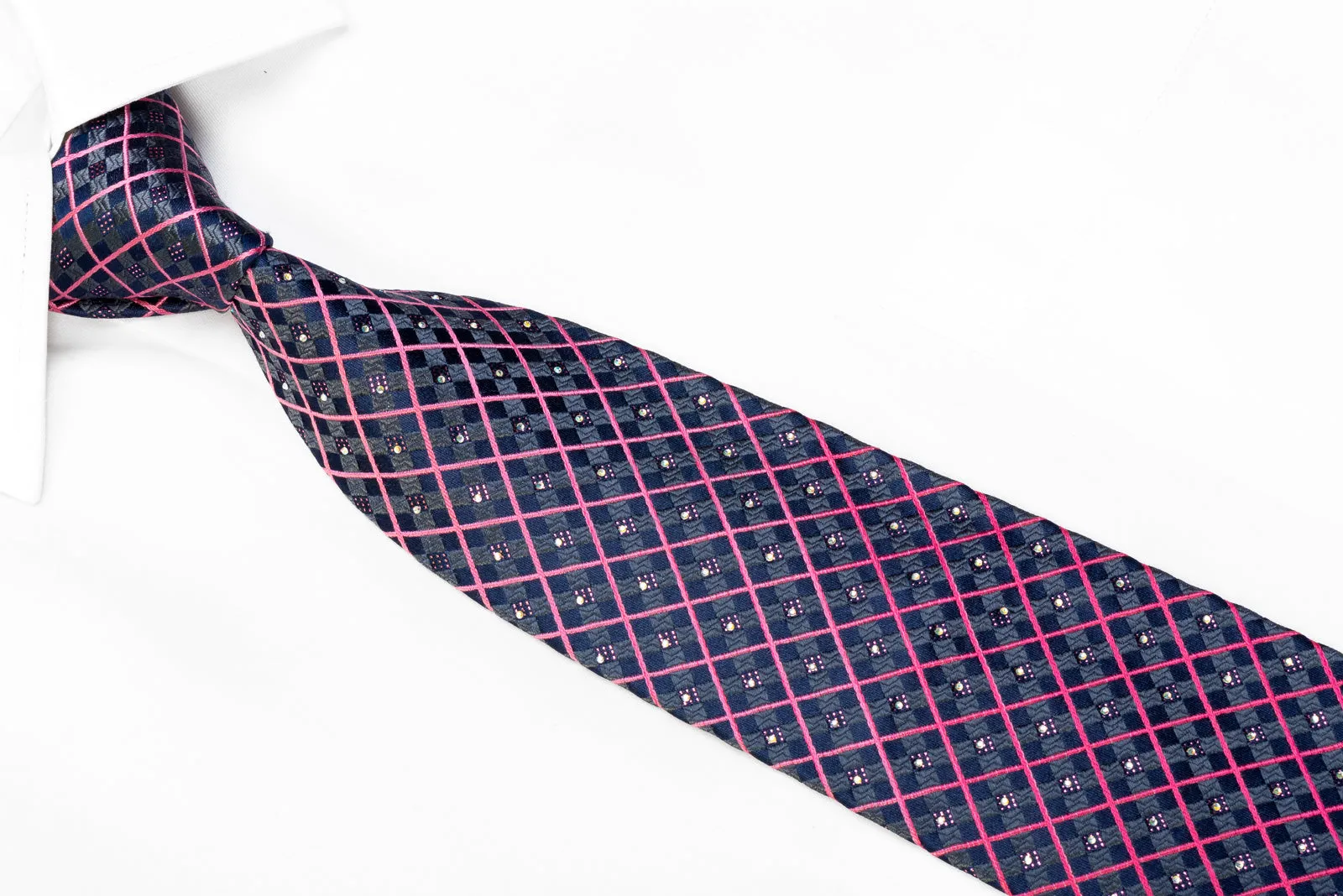 Indian Homme Men's Rhinestone Necktie Pink Striped Checker On Navy With Sparkles