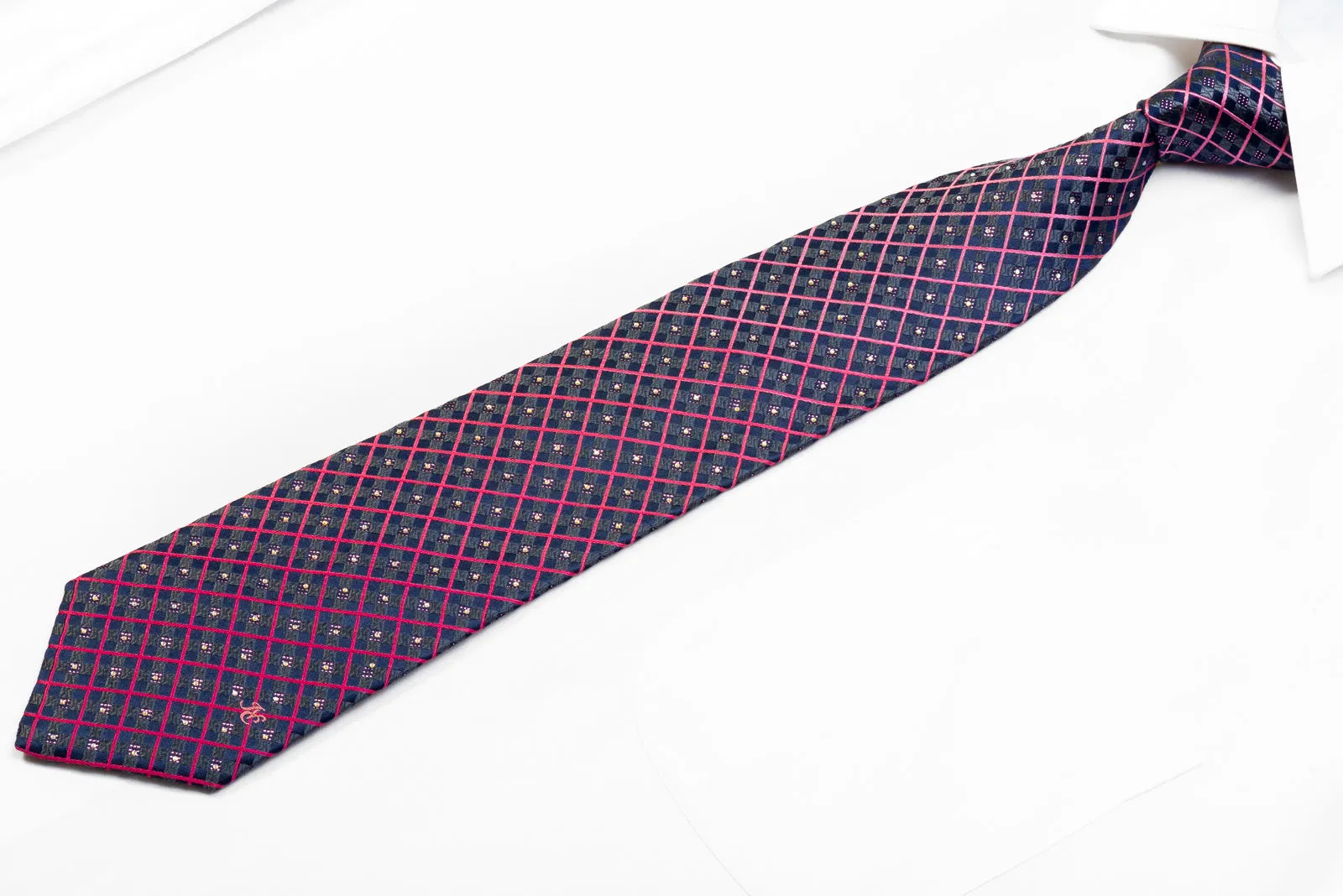 Indian Homme Men's Rhinestone Necktie Pink Striped Checker On Navy With Sparkles