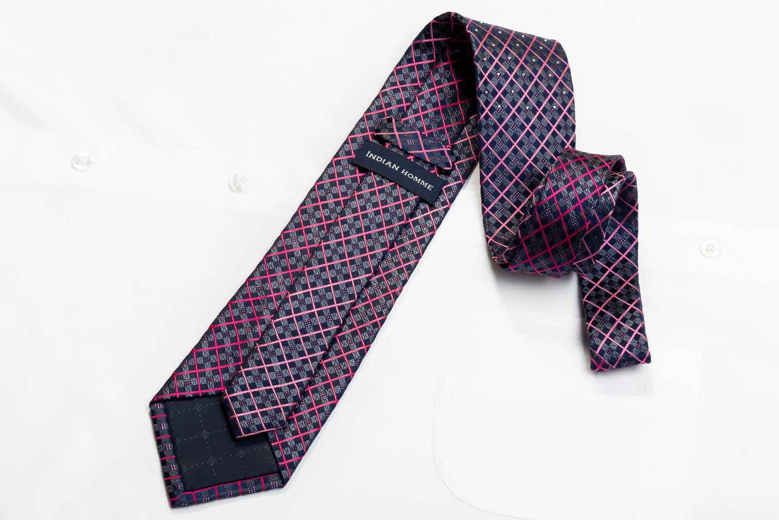 Indian Homme Men's Rhinestone Necktie Pink Striped Checker On Navy With Sparkles