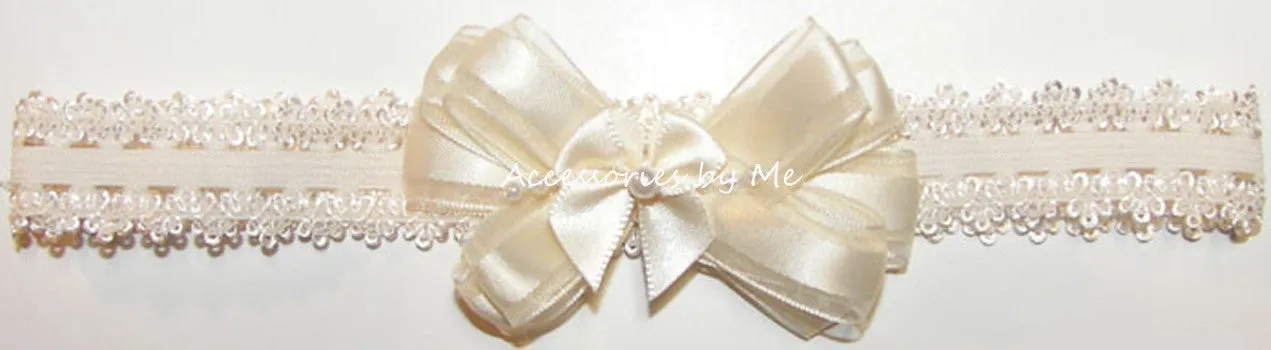 Ivory Satin Pearl Bow Lace Headband