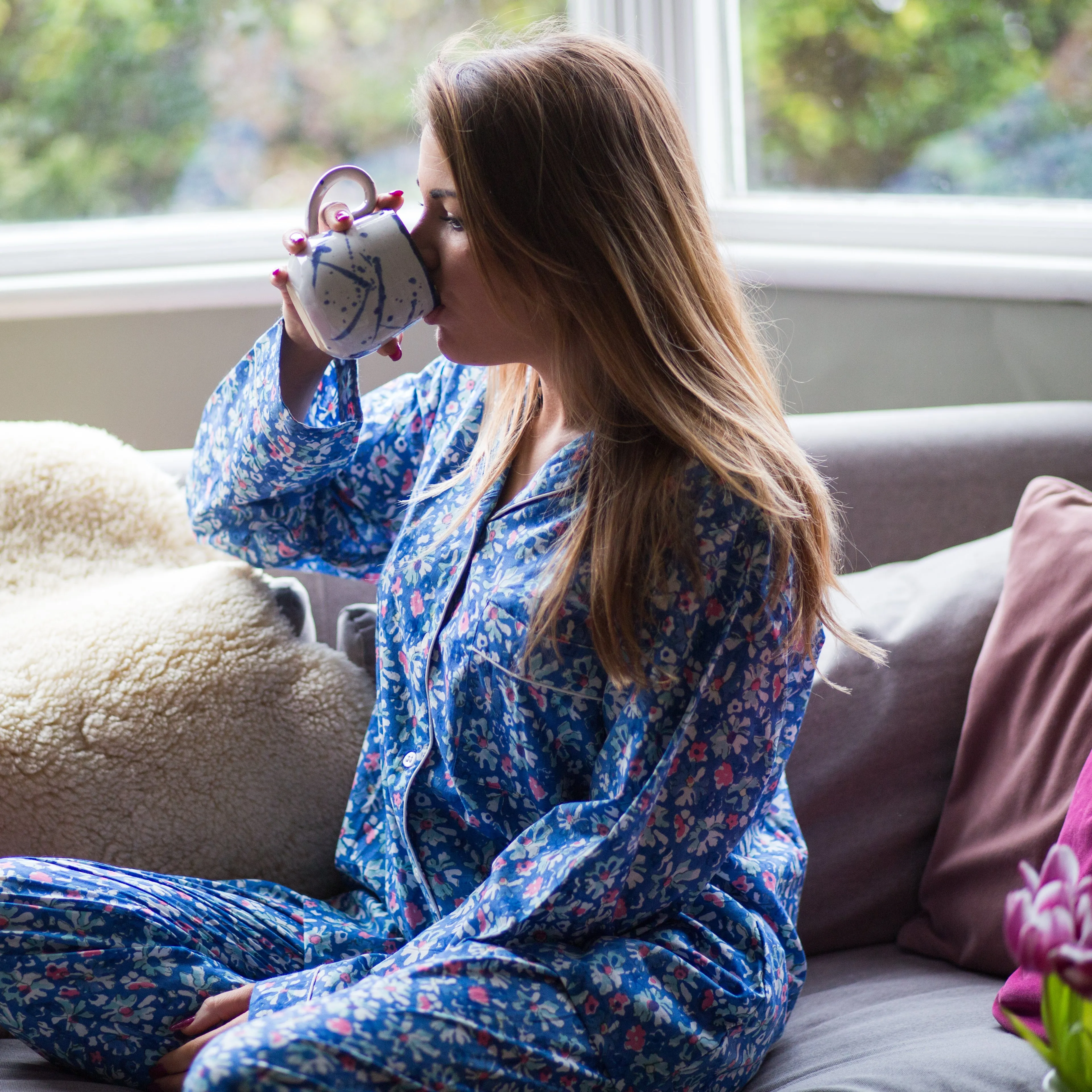 Long PJ Set in Blue & Pink Block Print