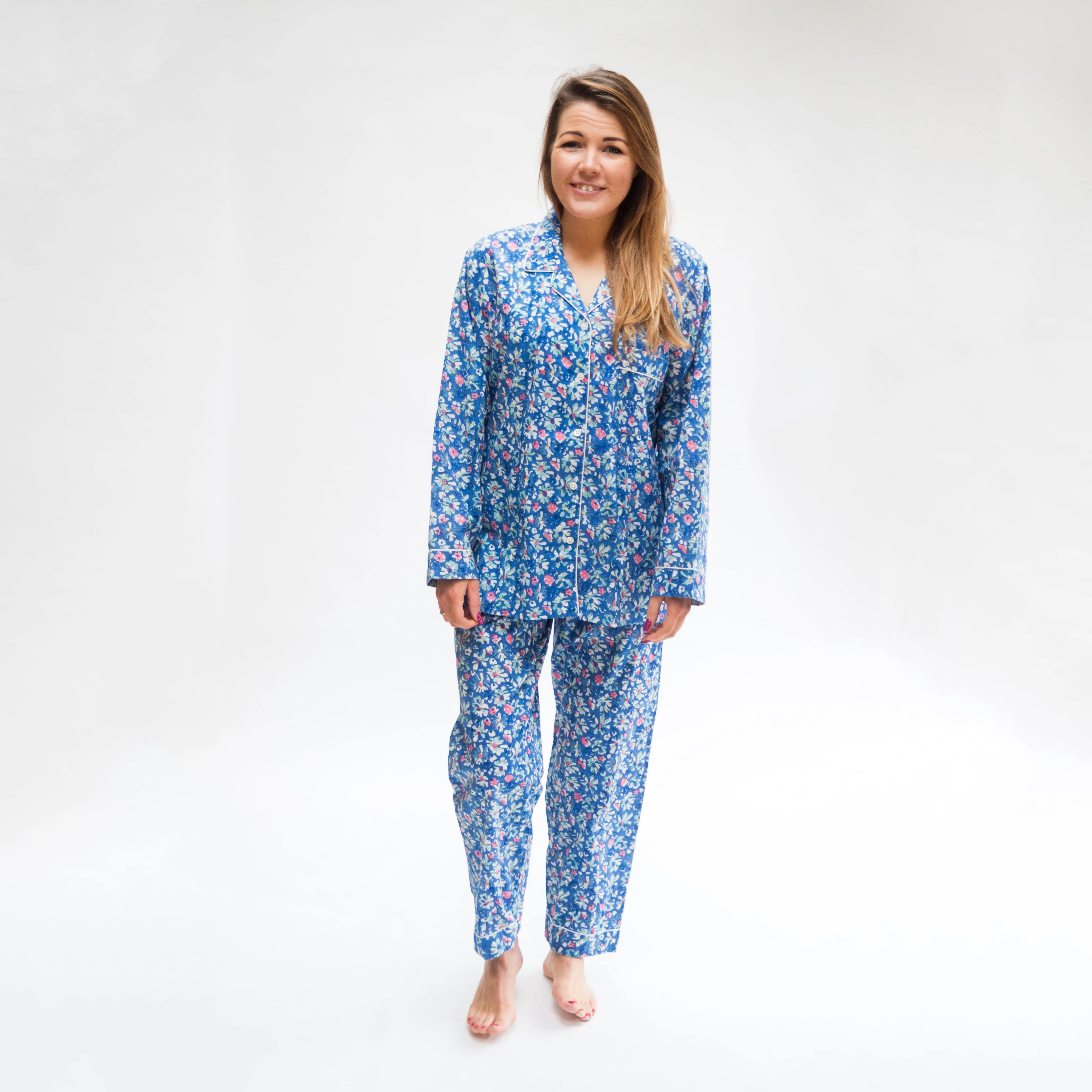 Long PJ Set in Blue & Pink Block Print