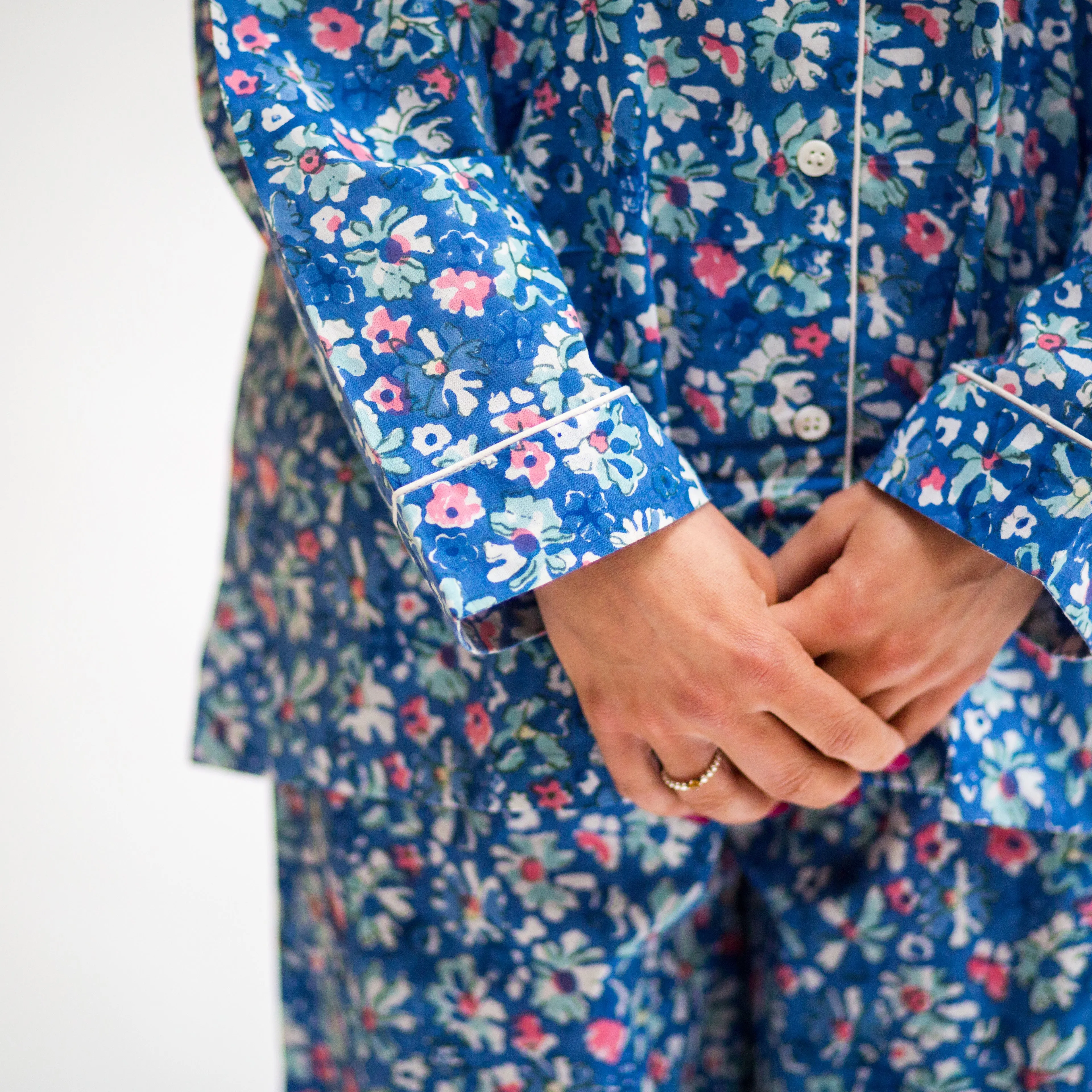 Long PJ Set in Blue & Pink Block Print