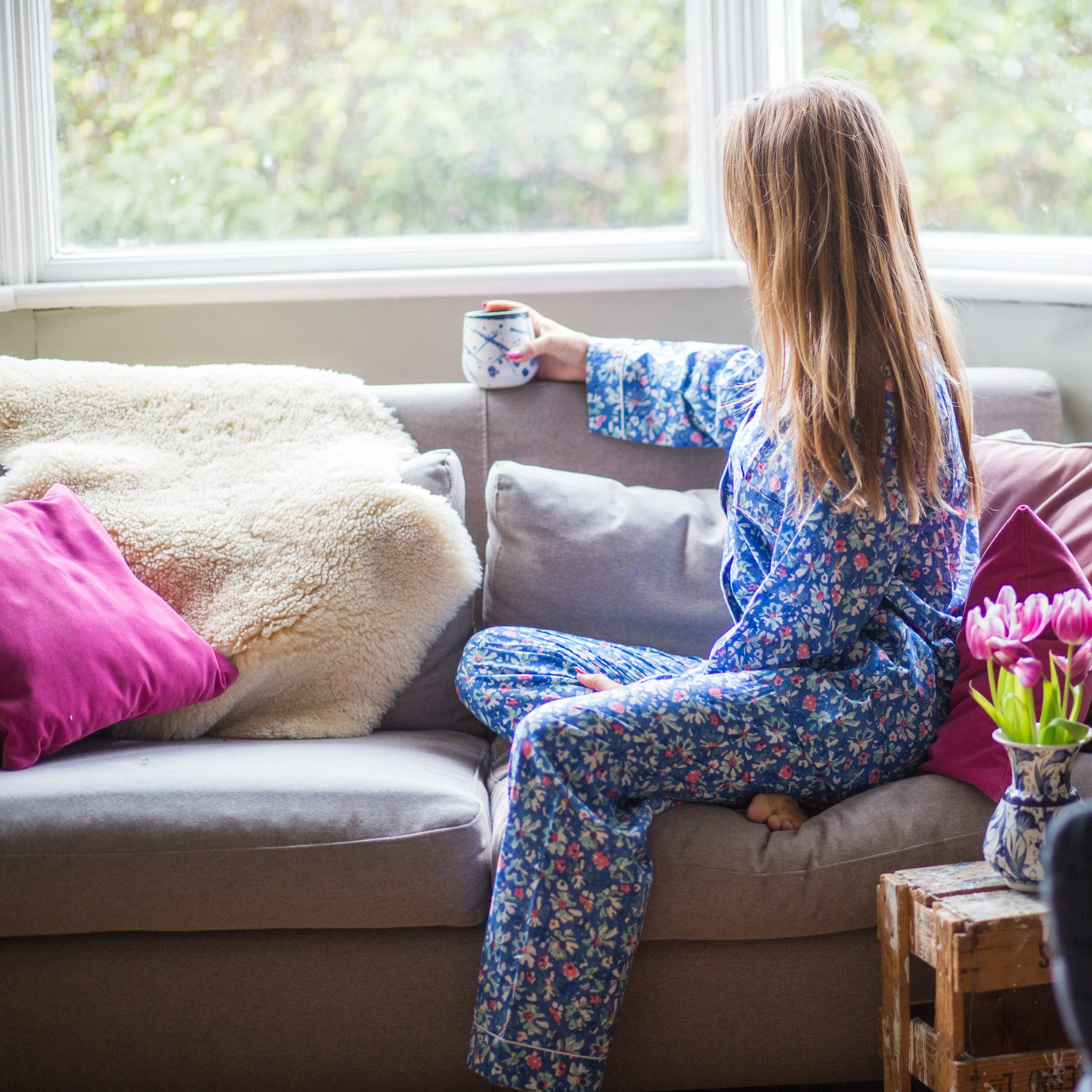 Long PJ Set in Blue & Pink Block Print