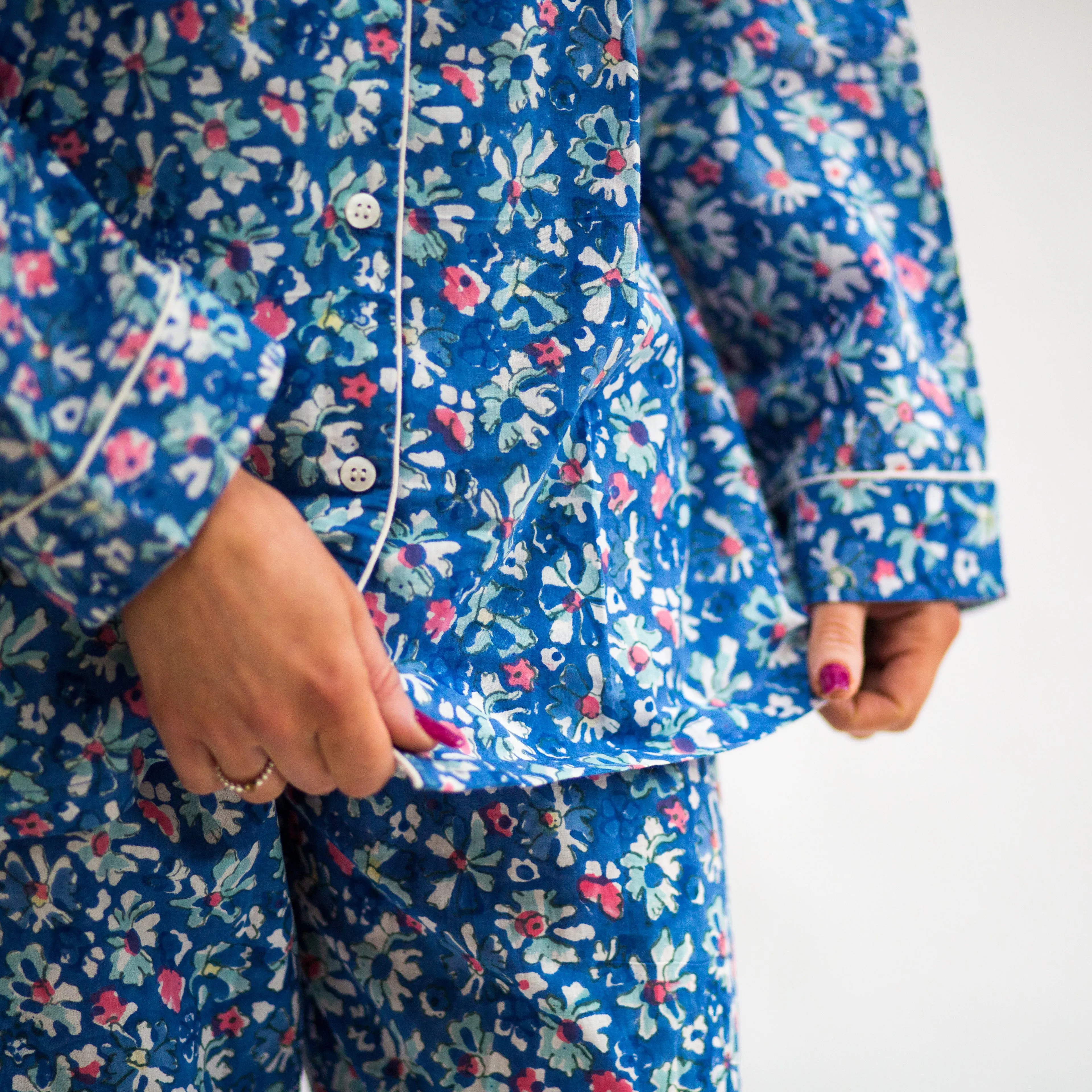 Long PJ Set in Blue & Pink Block Print