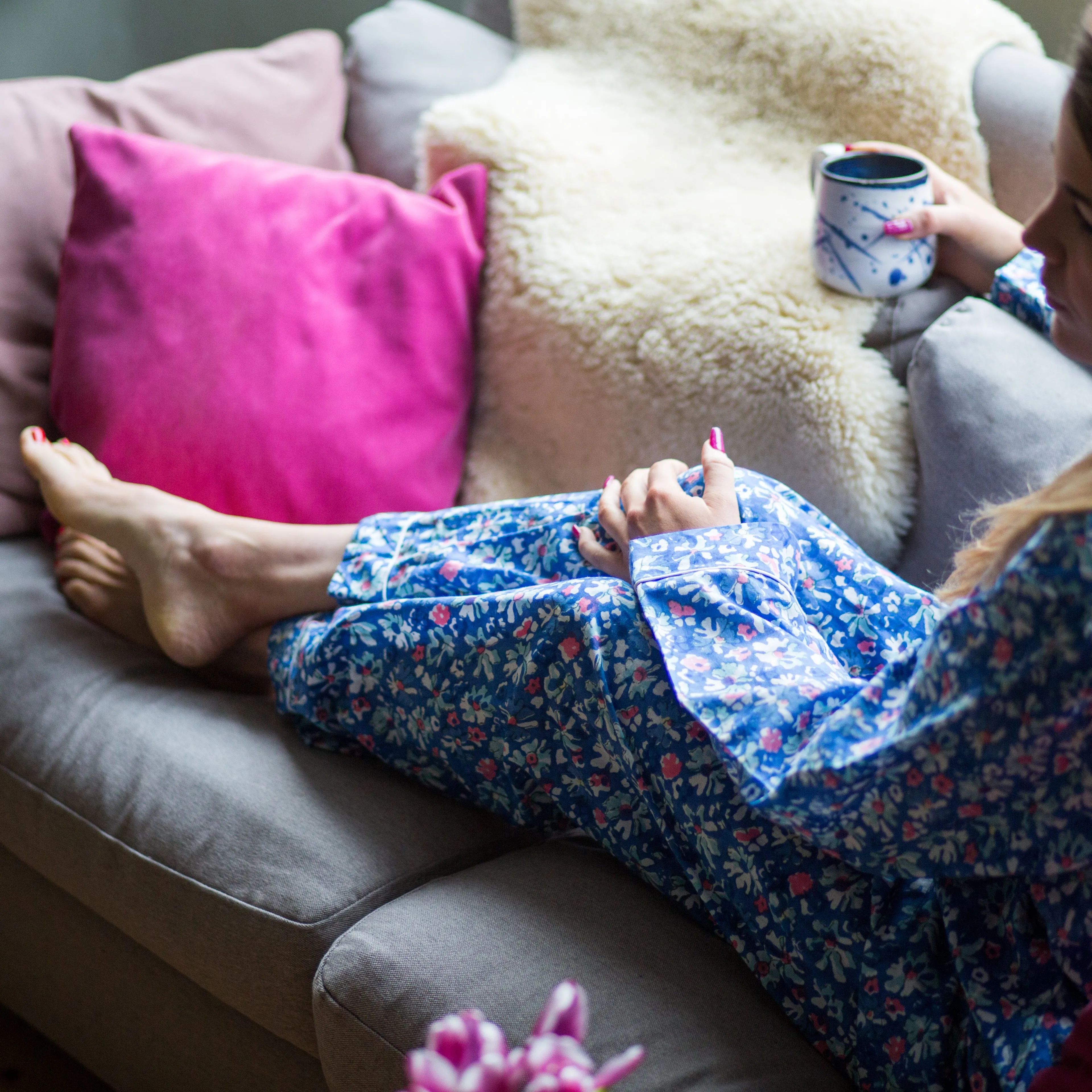 Long PJ Set in Blue & Pink Block Print