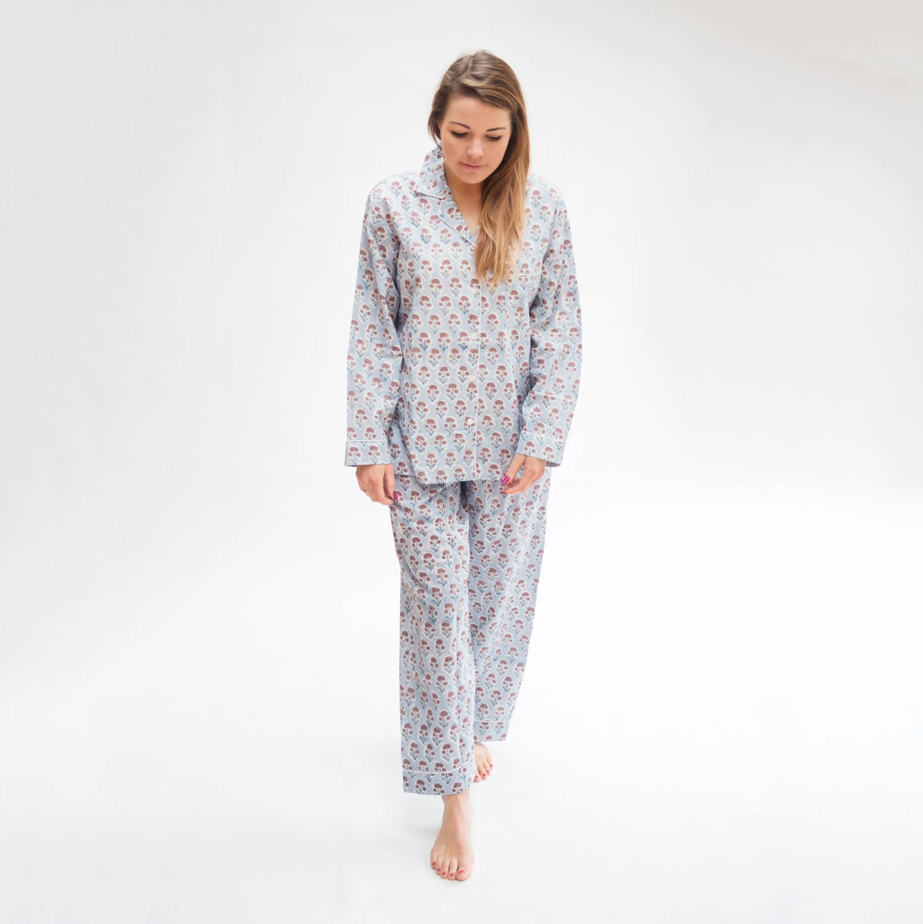 Long PJ Set in Blue & Taupe Block Print