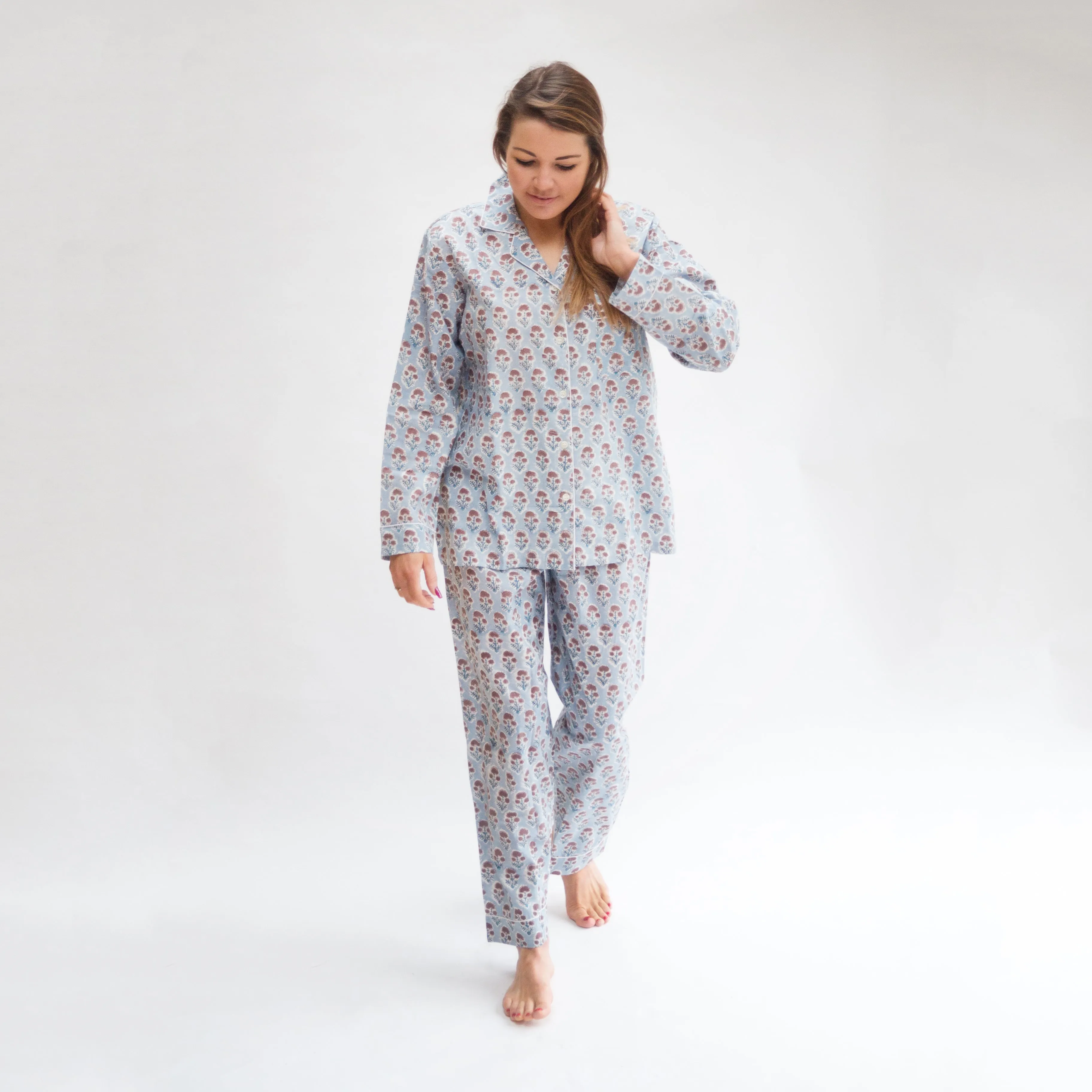 Long PJ Set in Blue & Taupe Block Print