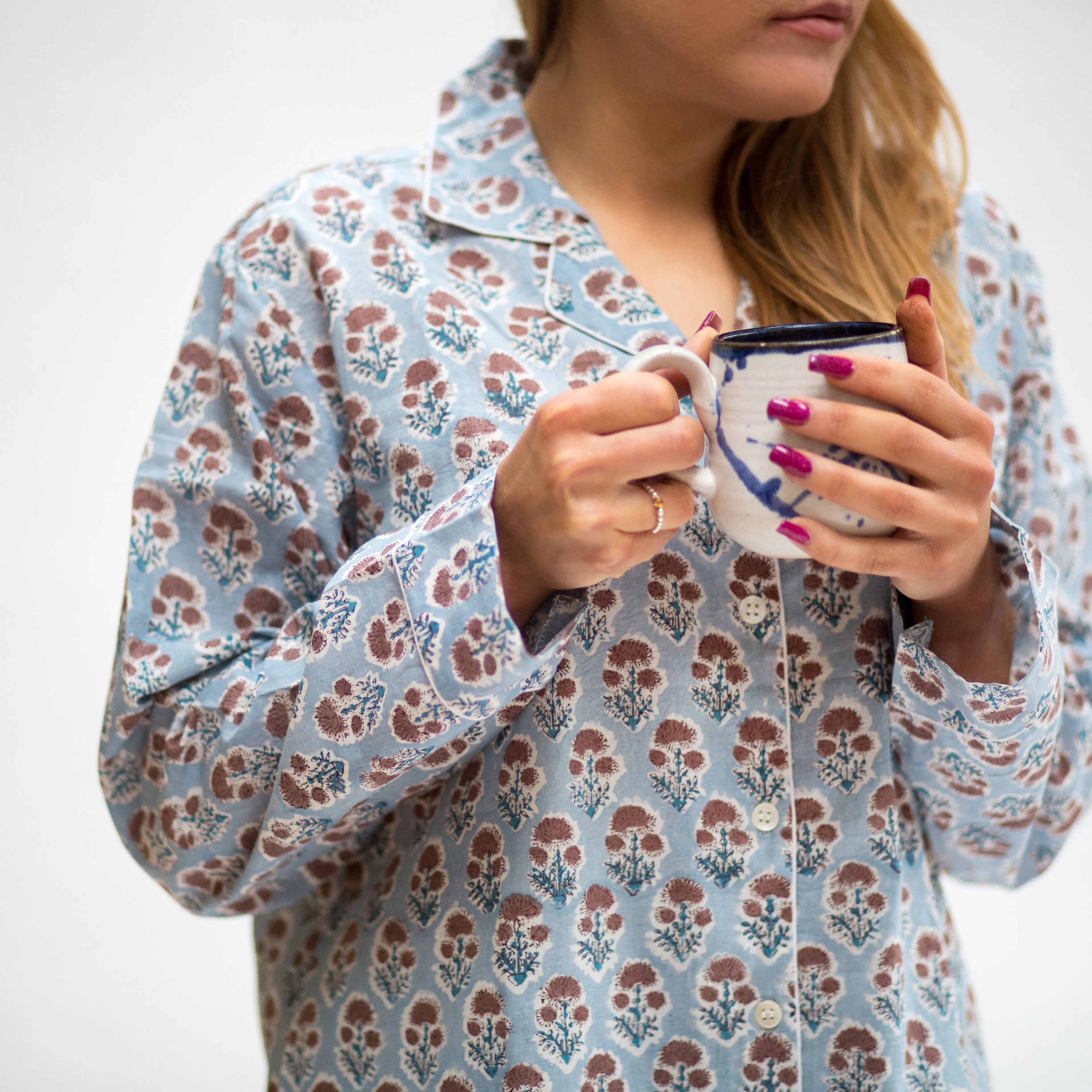 Long PJ Set in Blue & Taupe Block Print