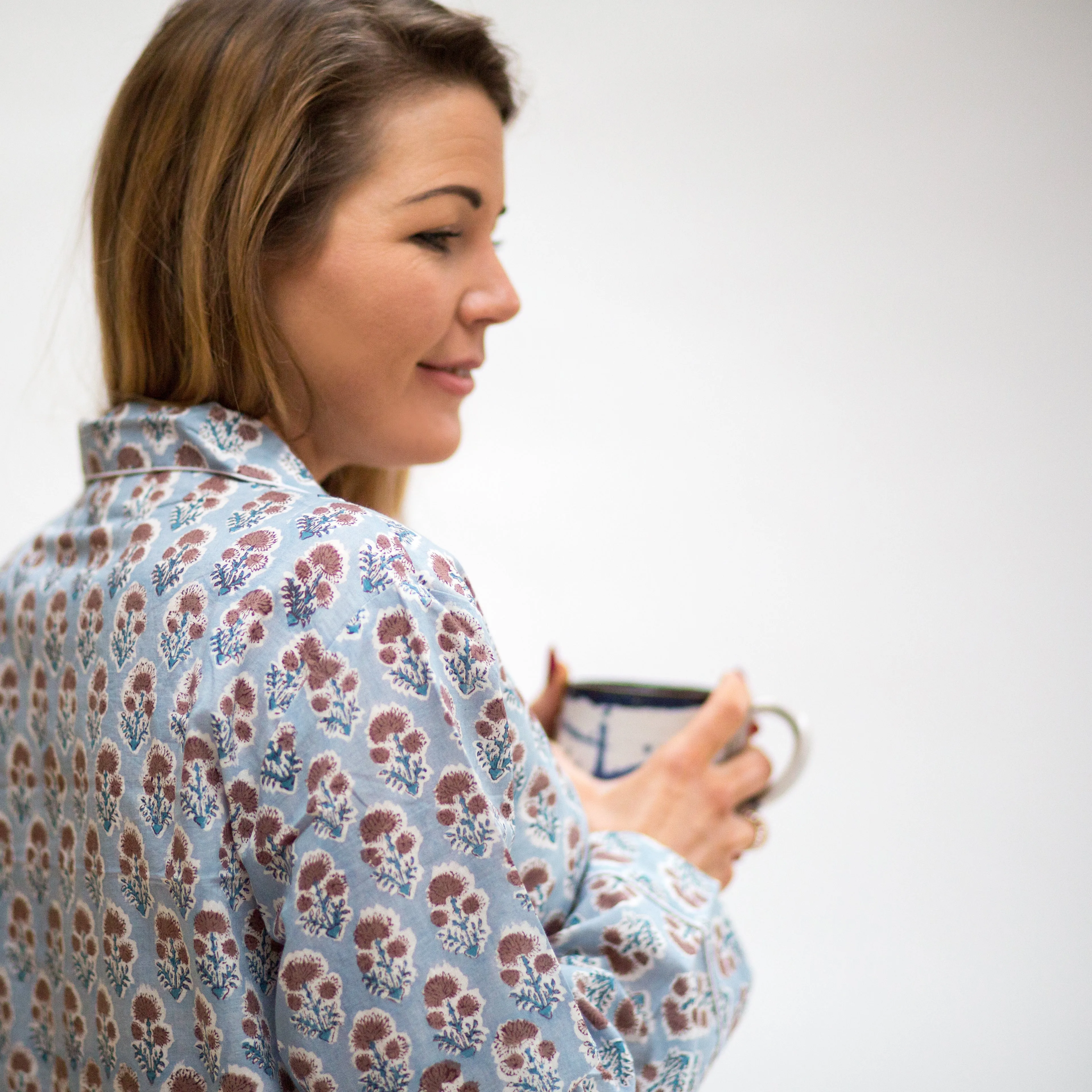 Long PJ Set in Blue & Taupe Block Print