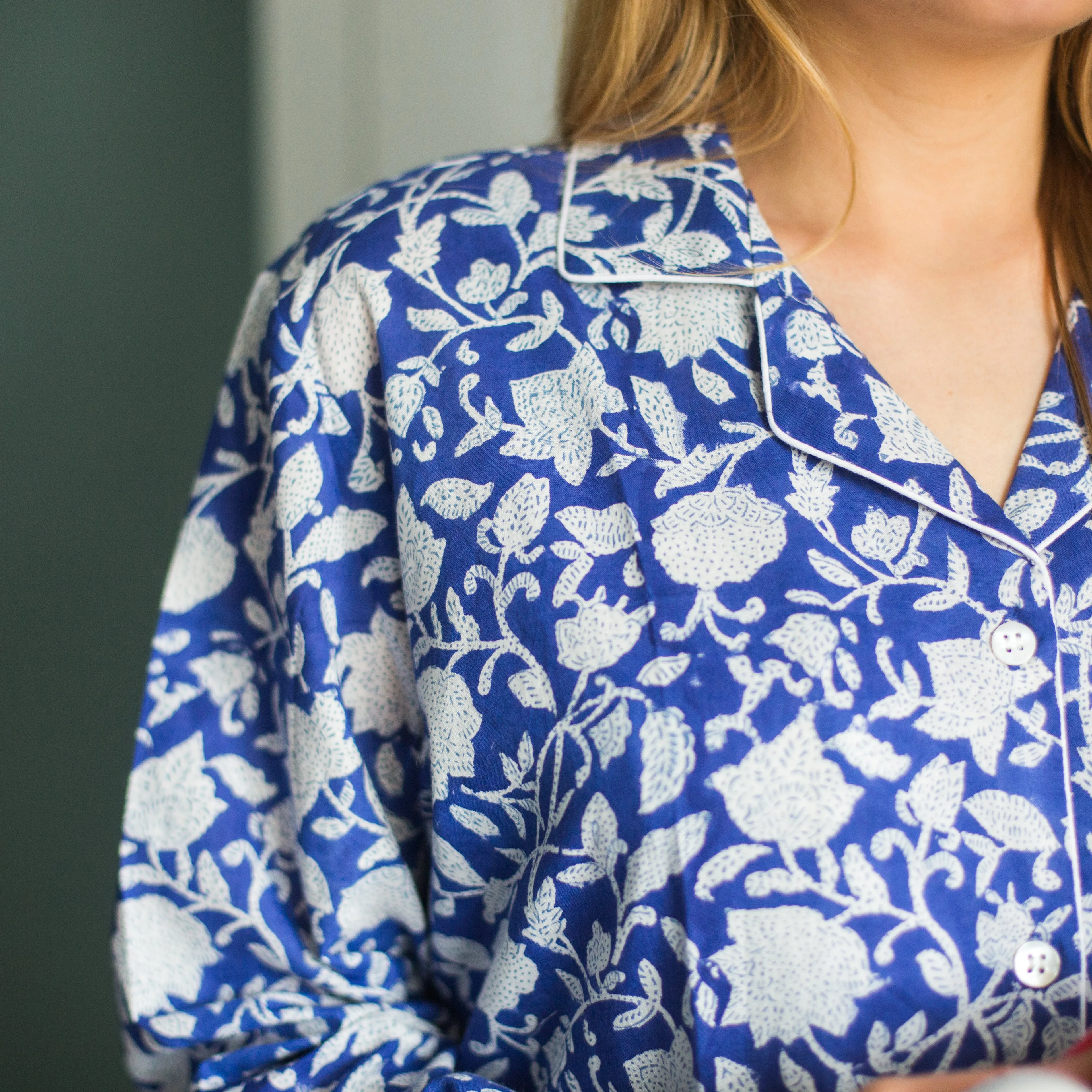 Long PJ Set in Blue & White Floral Block Print Design