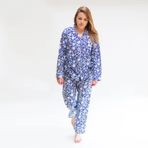 Long PJ Set in Blue & White Floral Block Print Design