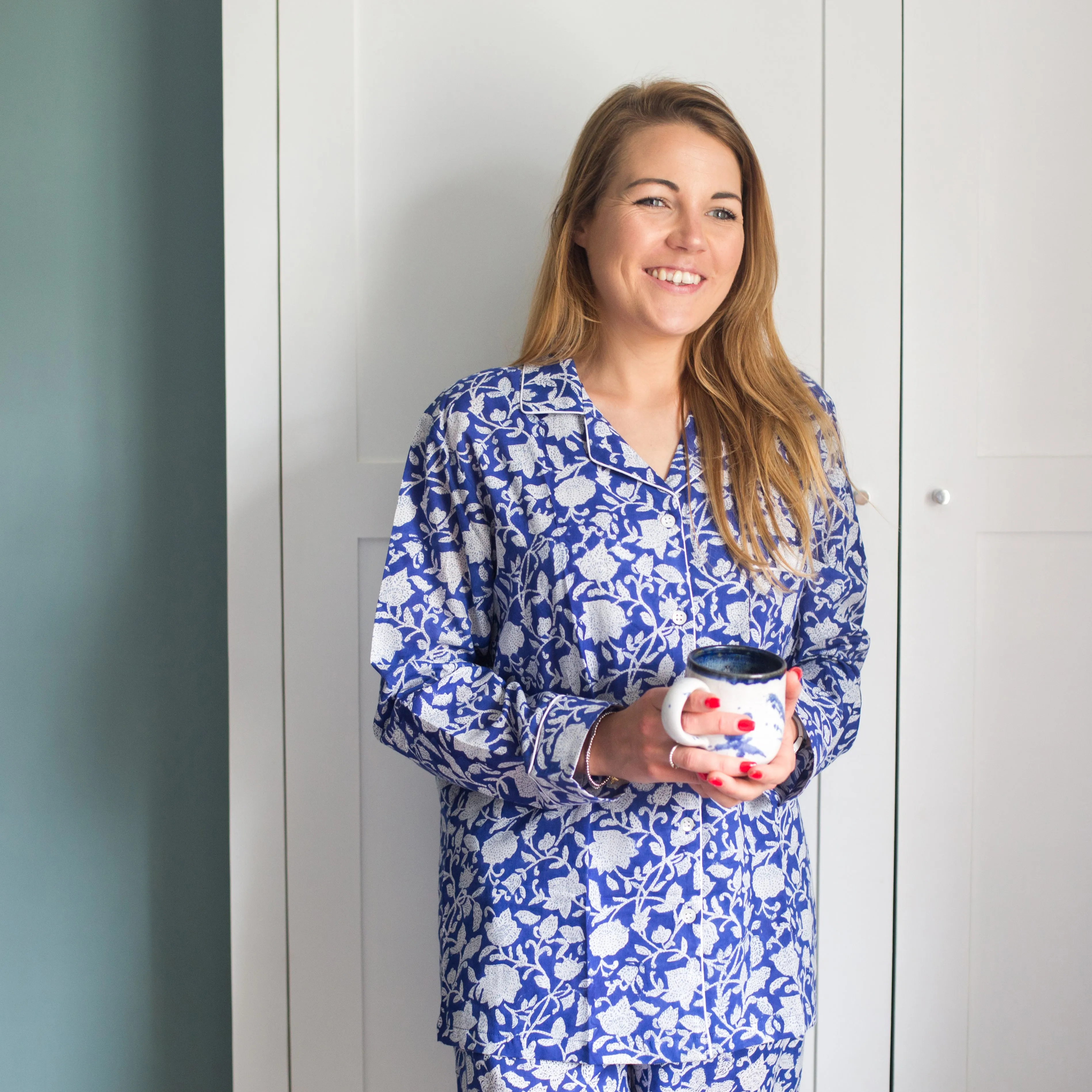 Long PJ Set in Blue & White Floral Block Print Design