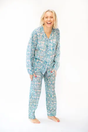 Long PJ Set in Blue & White Floral Block Print