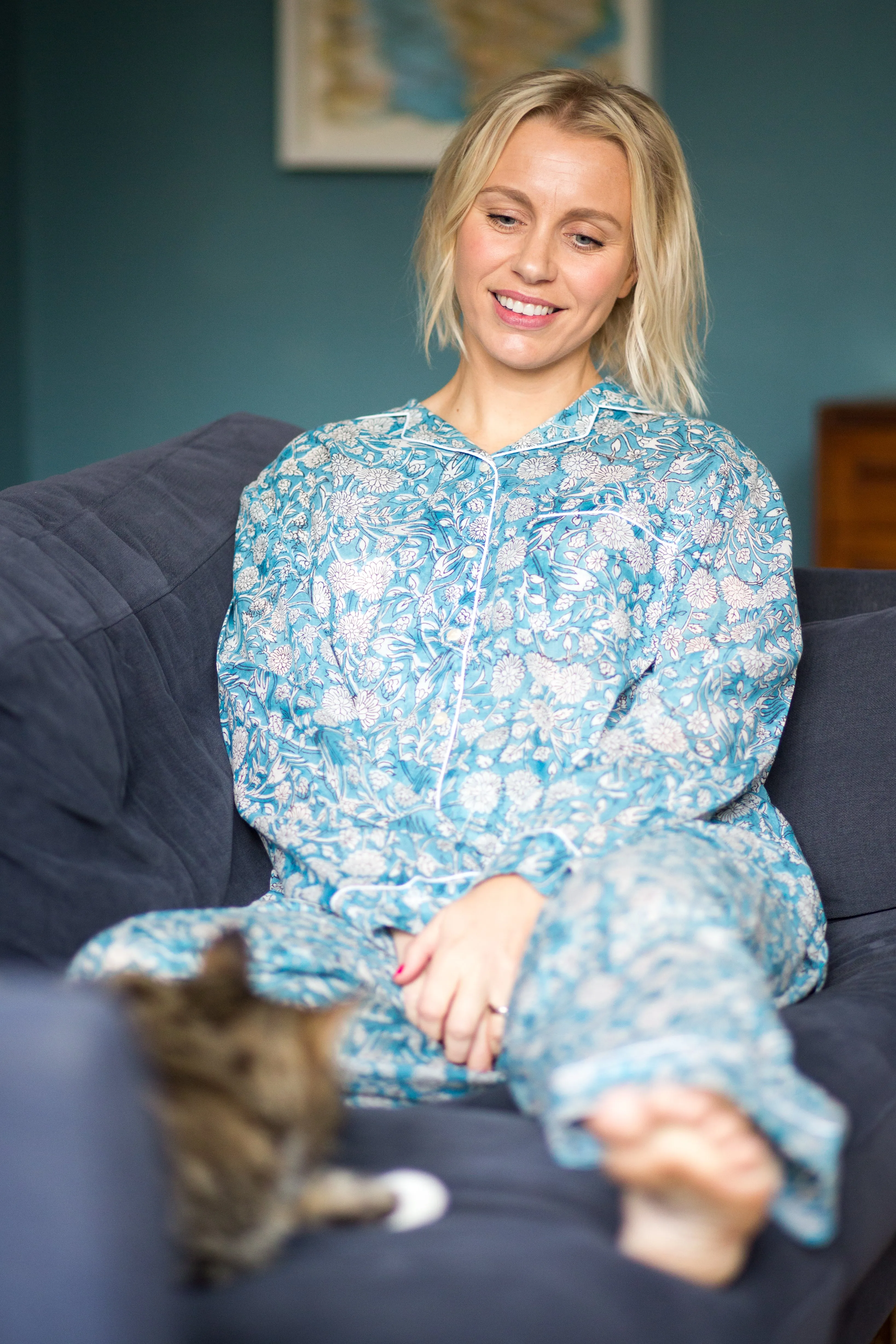 Long PJ Set in Blue & White Floral Block Print