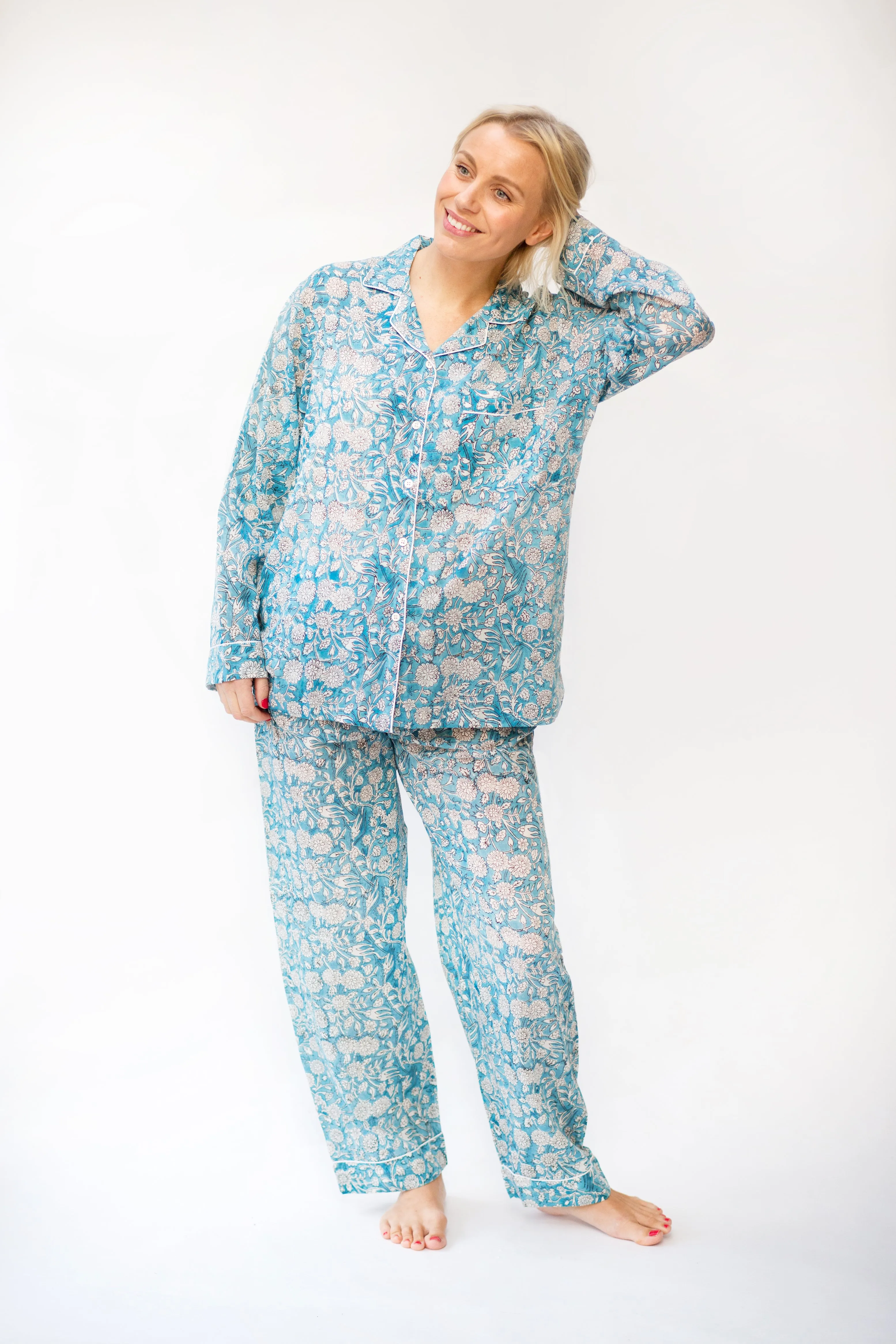 Long PJ Set in Blue & White Floral Block Print