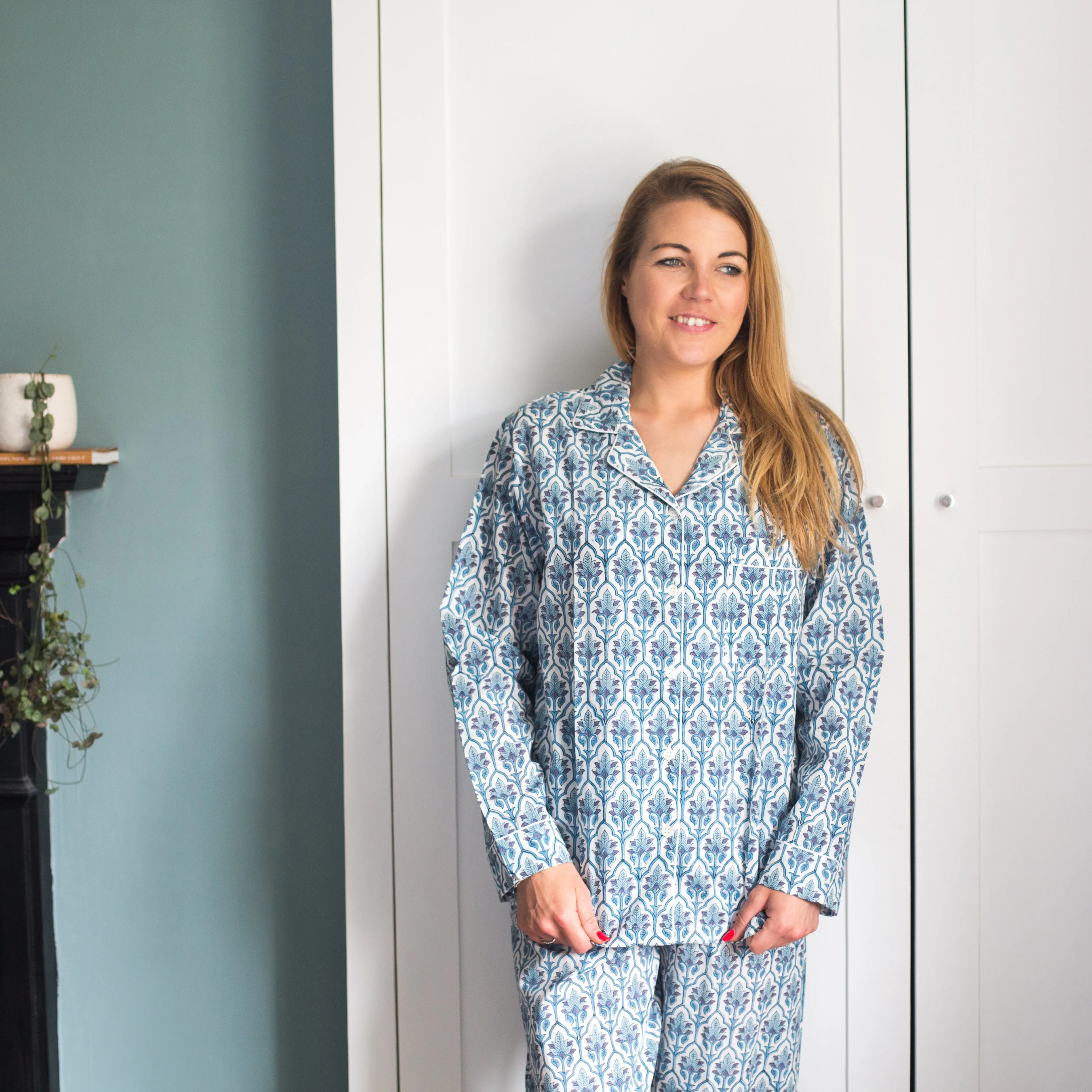 Long PJ Set in Blue Floral Block Print