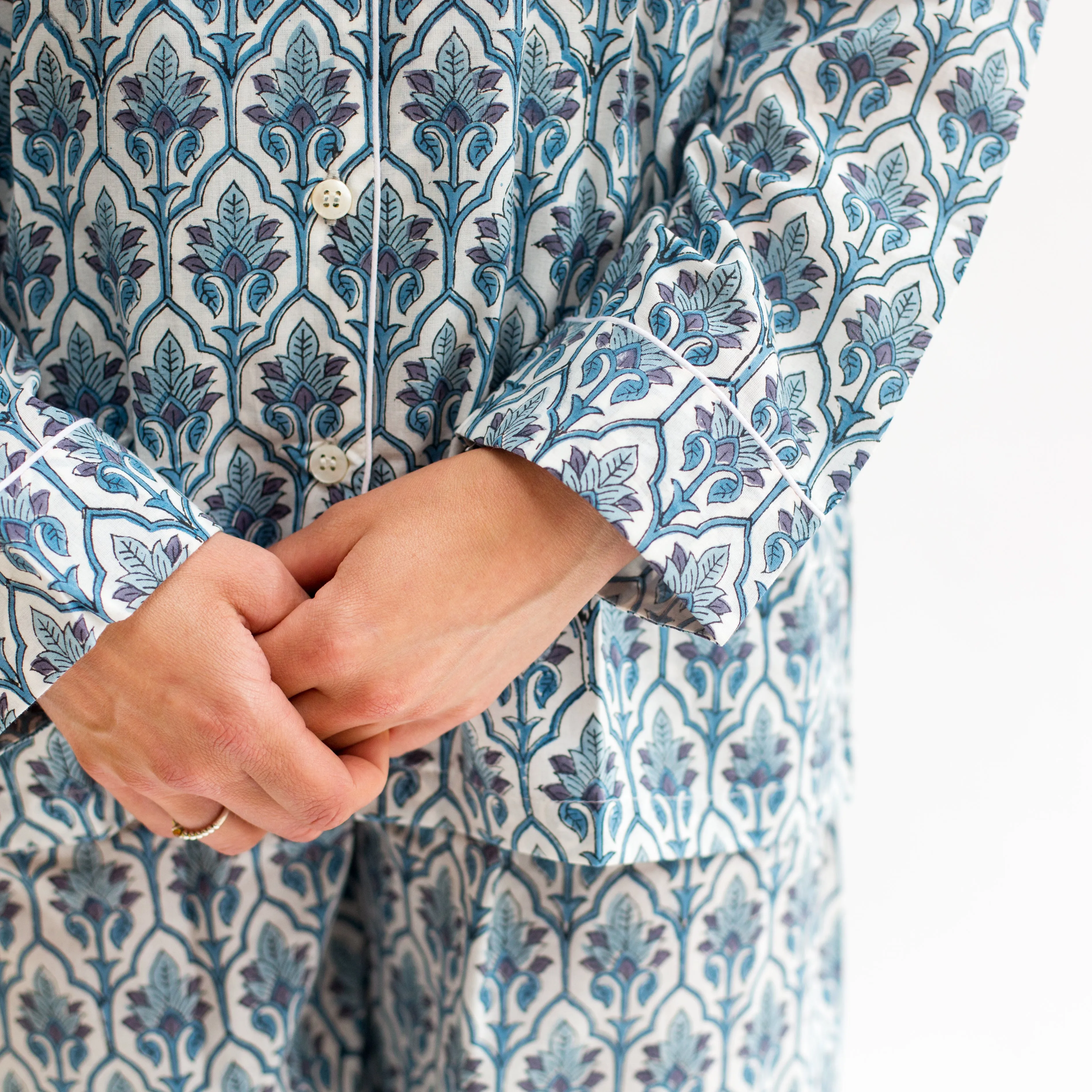 Long PJ Set in Blue Floral Block Print