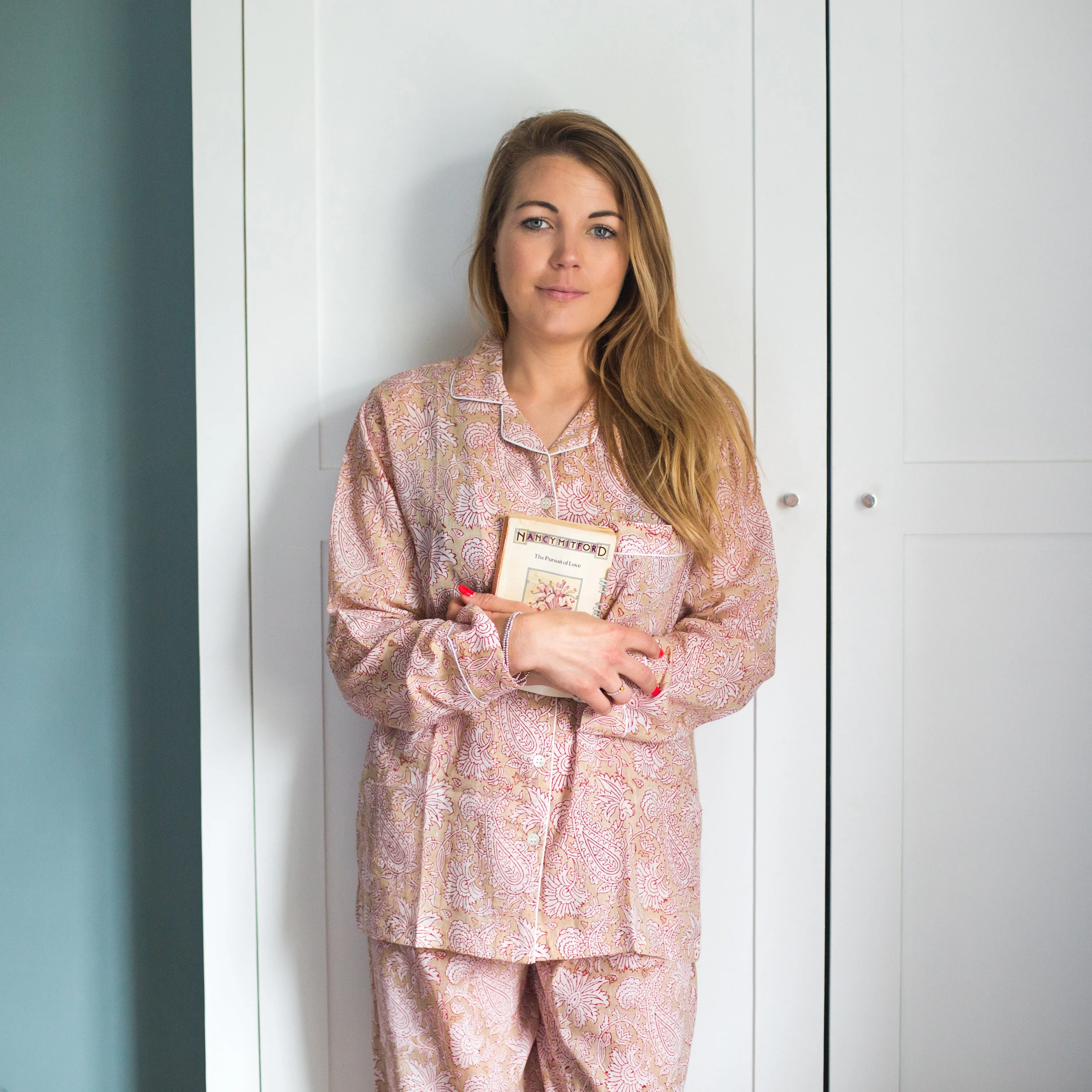 Long PJ Set in Delicate Beige Floral Block Print