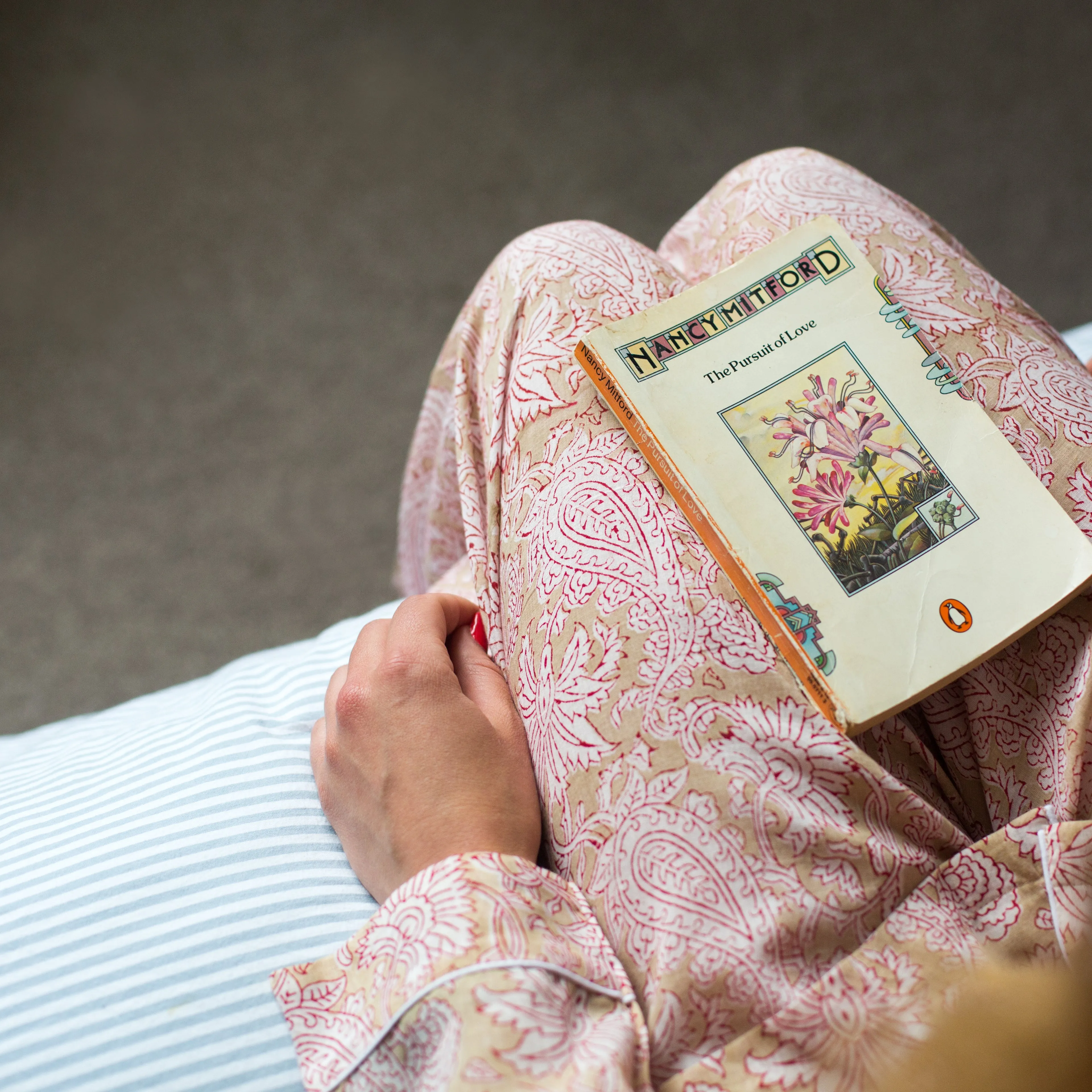 Long PJ Set in Delicate Beige Floral Block Print