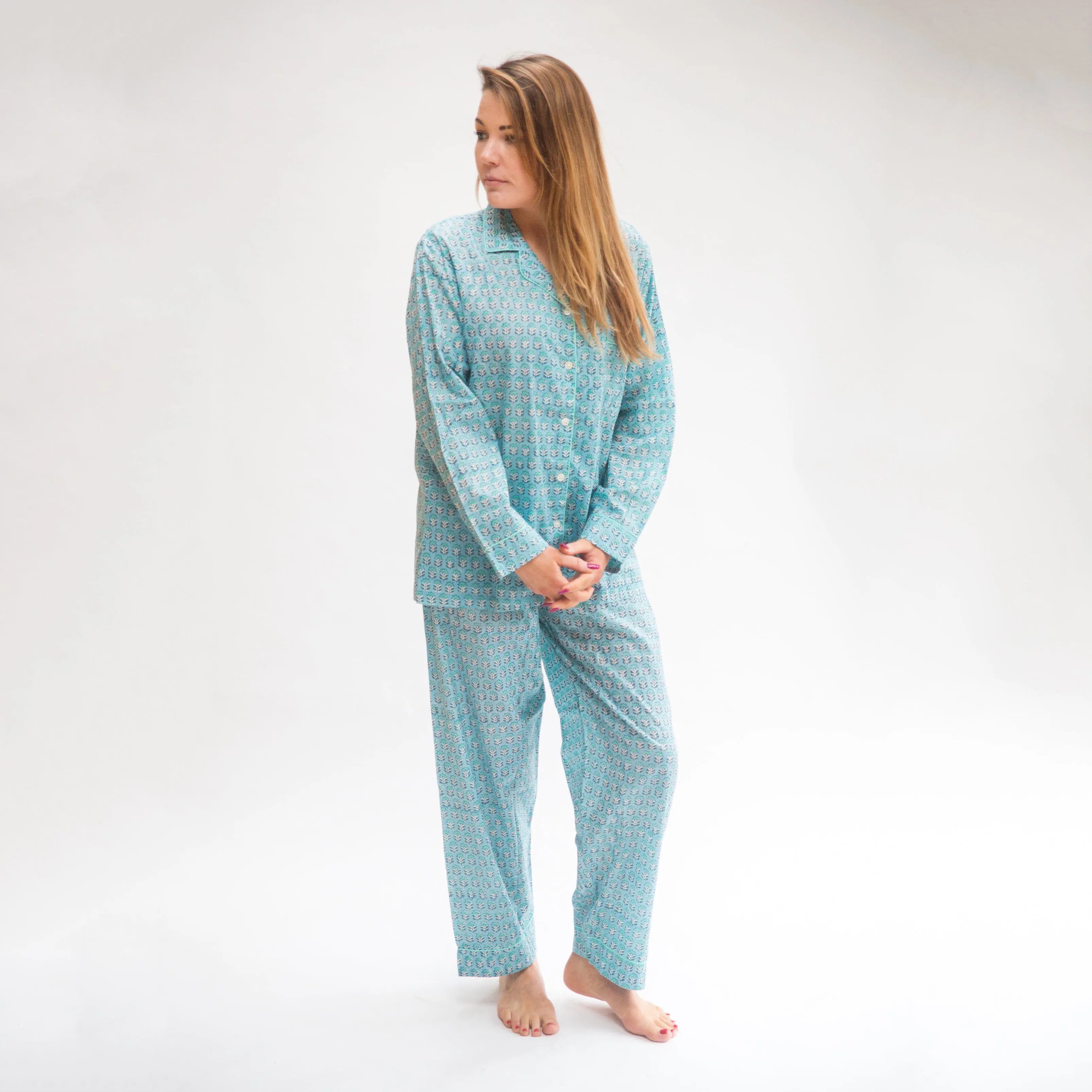 Long PJ Set in Green & Blue Block Print