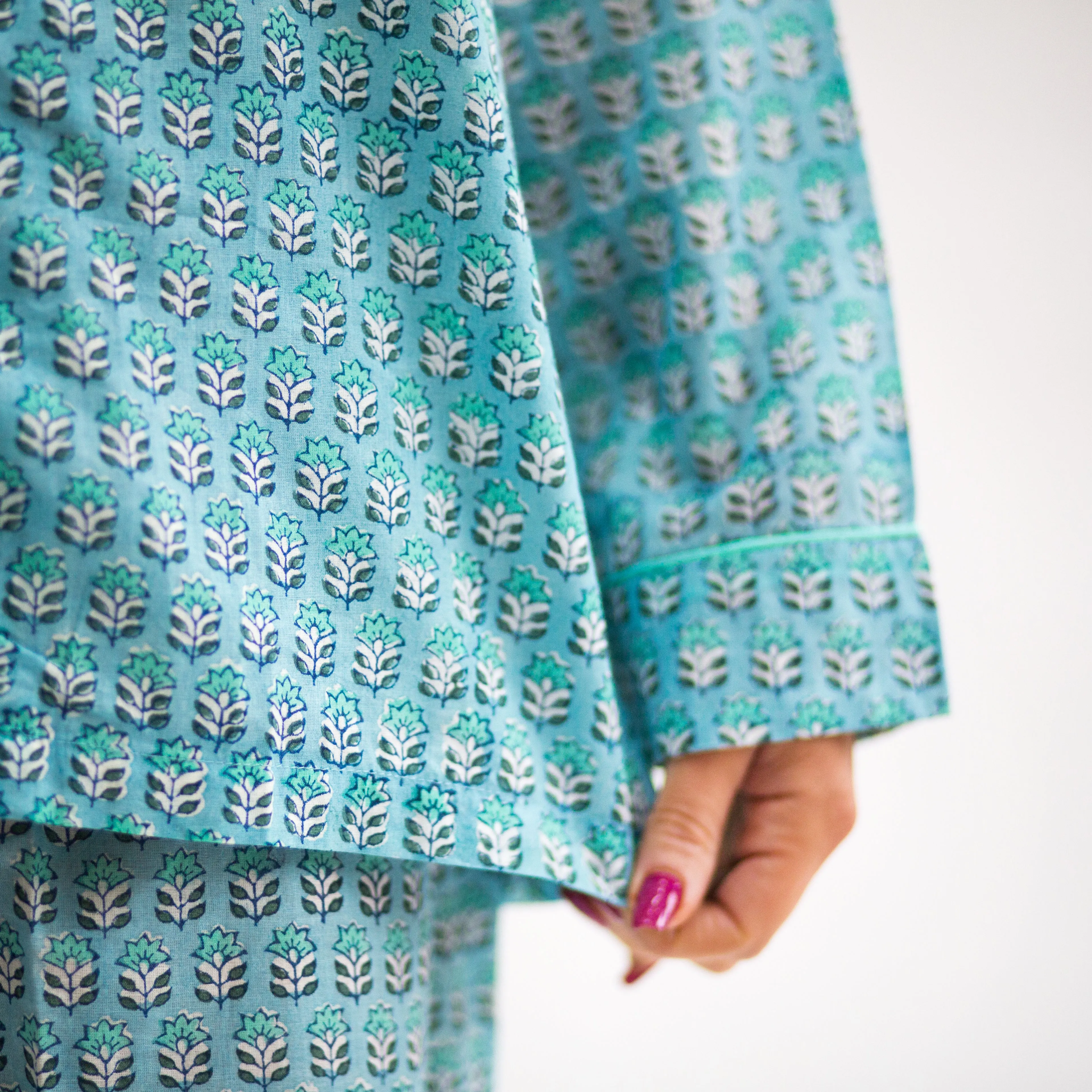 Long PJ Set in Green & Blue Block Print