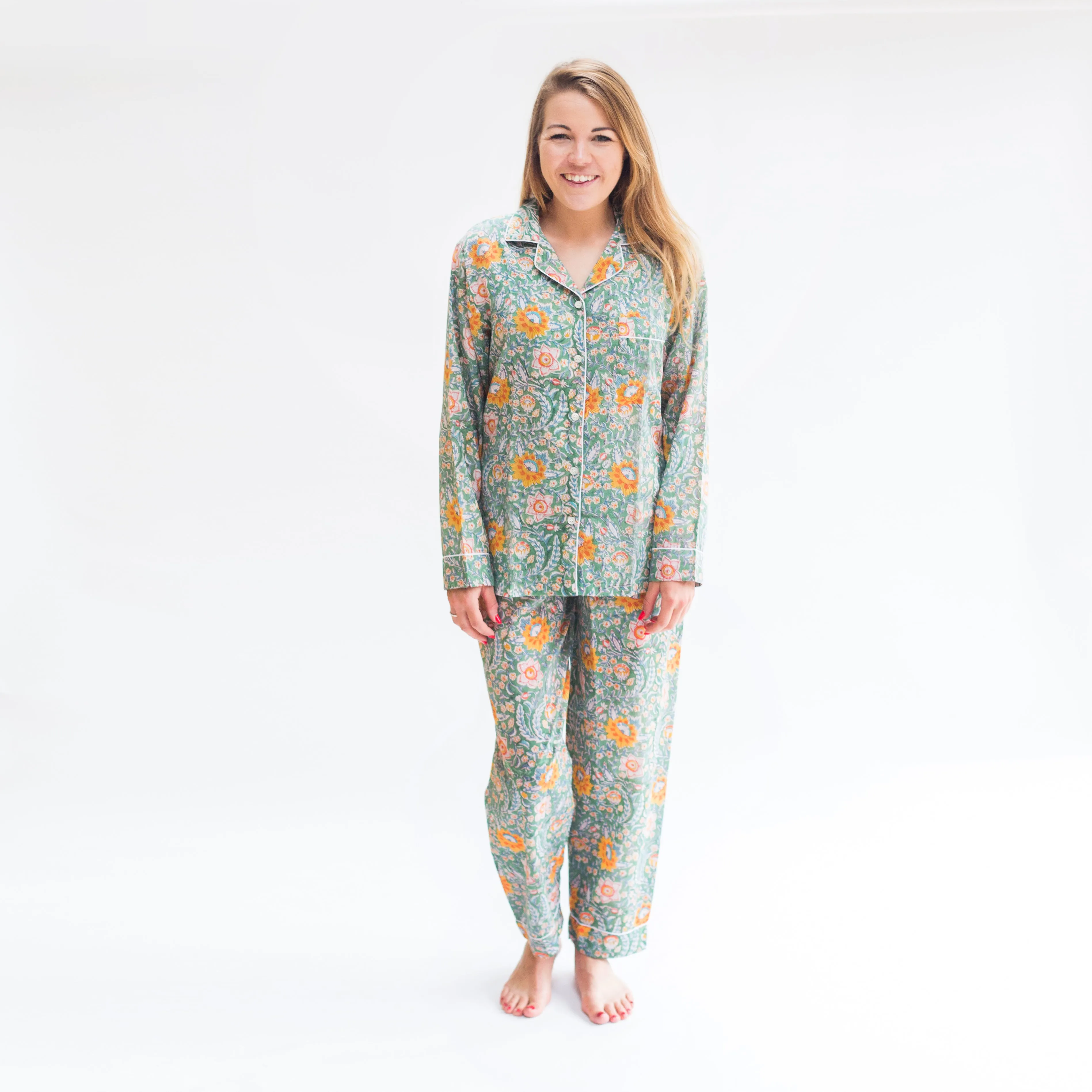 Long PJ Set in Green & Ginger Floral Block Print Design