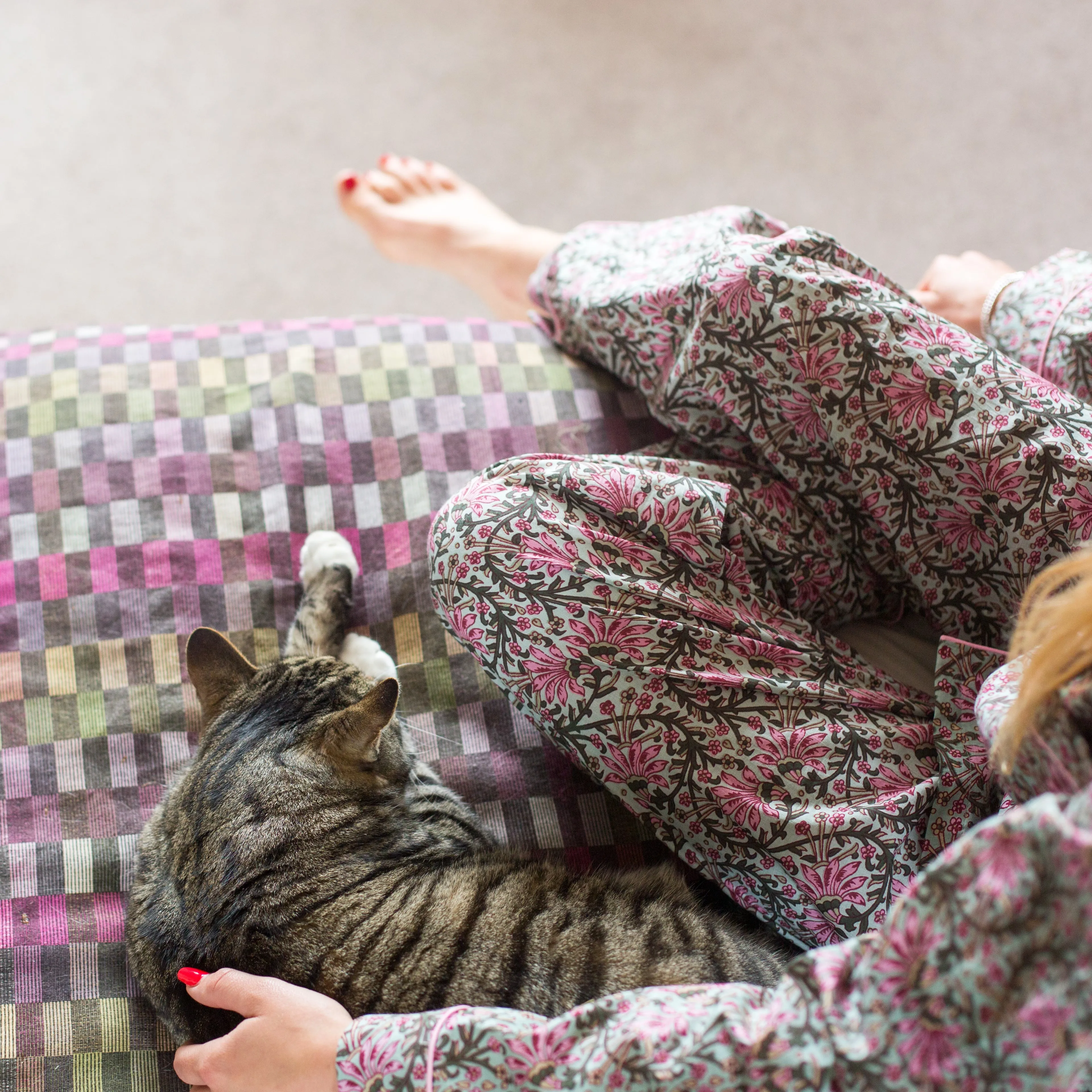 Long PJ Set in Green & Pink Floral Block Print