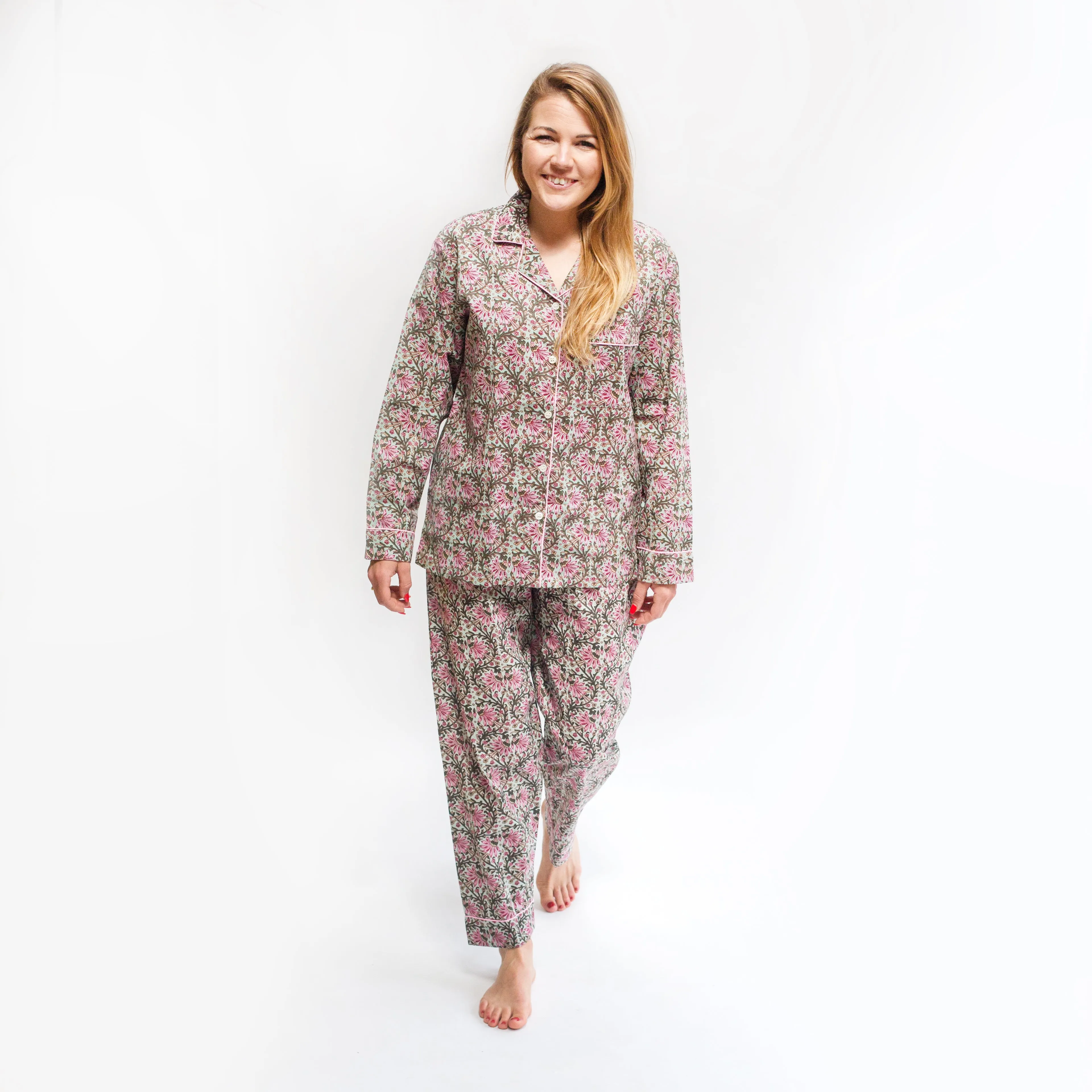 Long PJ Set in Green & Pink Floral Block Print