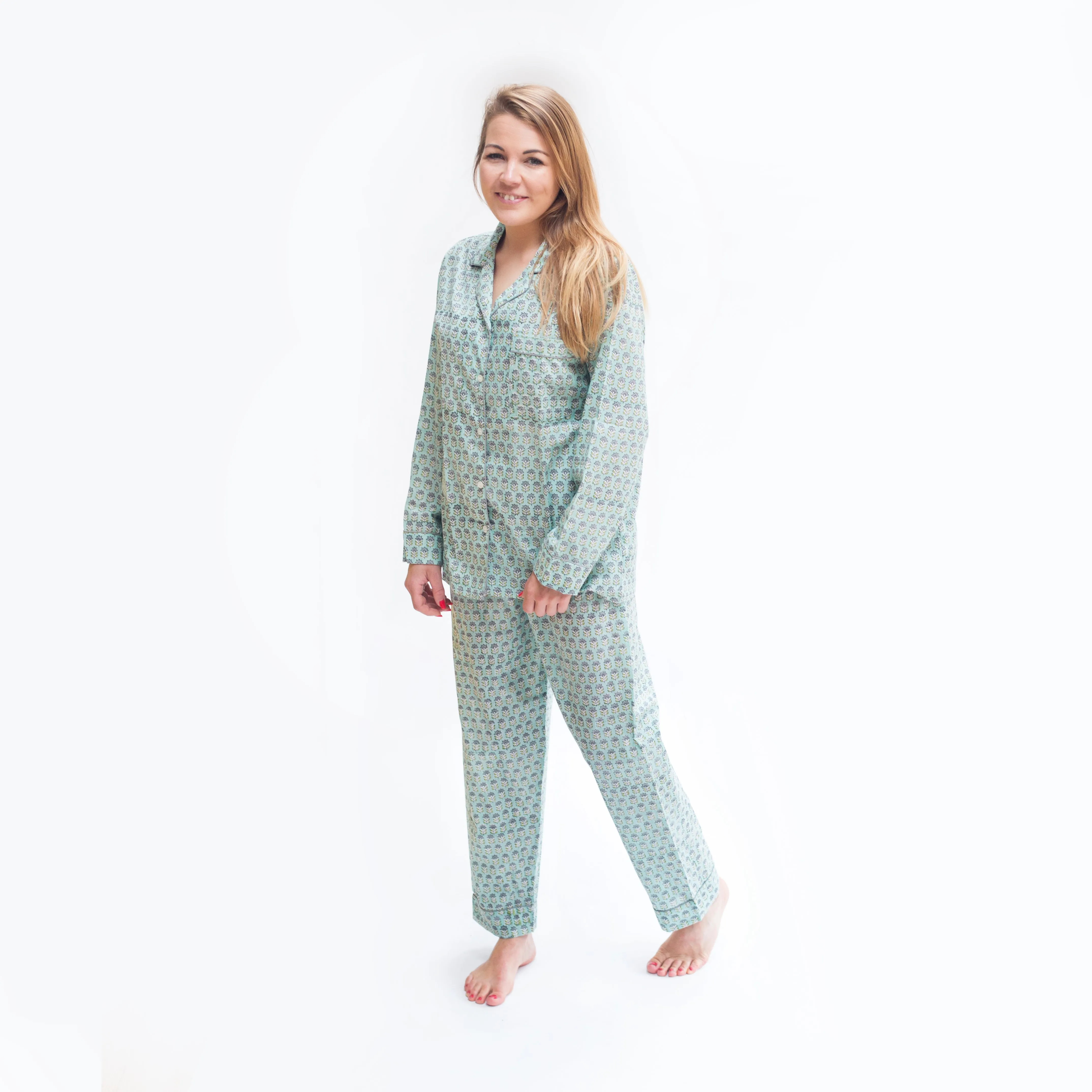 Long PJ Set in Mint Green Floral Block Print