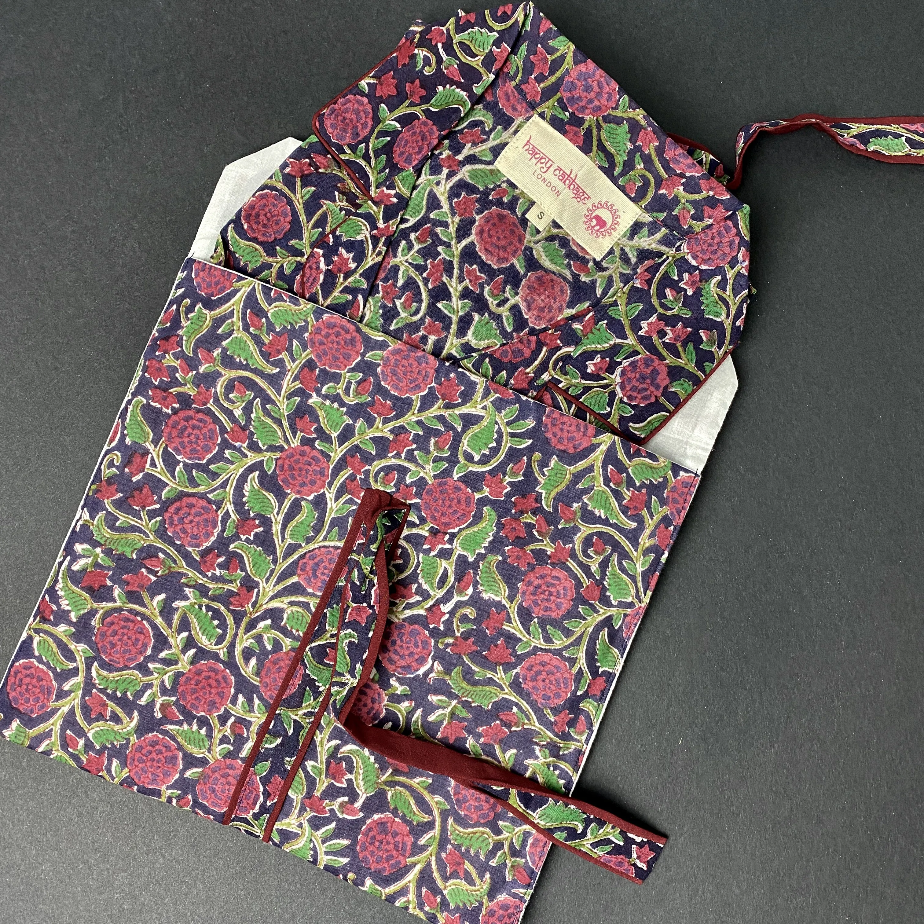 Long PJ Set in Navy Blue & Plum Floral Block Print