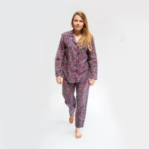 Long PJ Set in Navy Blue & Plum Floral Block Print