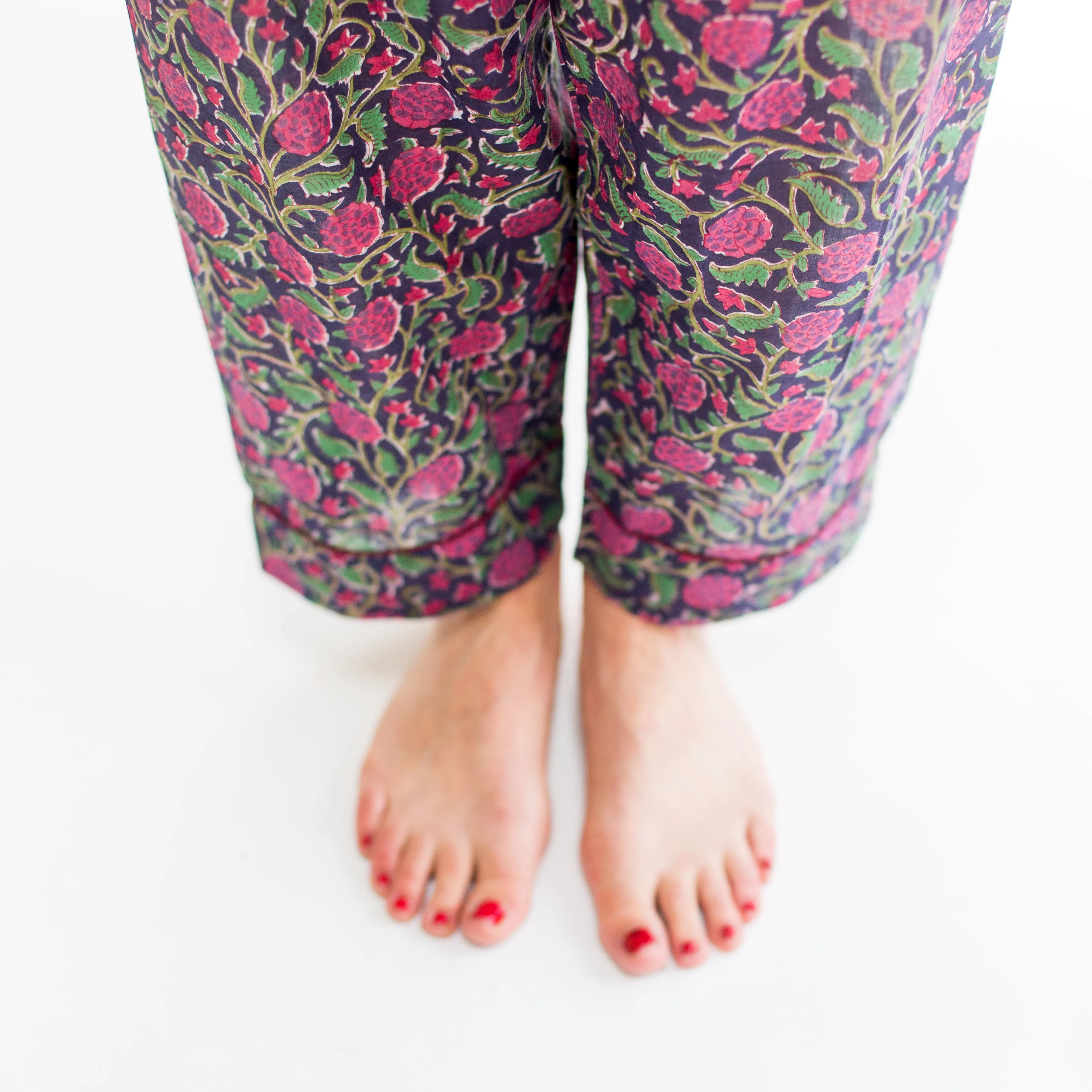 Long PJ Set in Navy Blue & Plum Floral Block Print